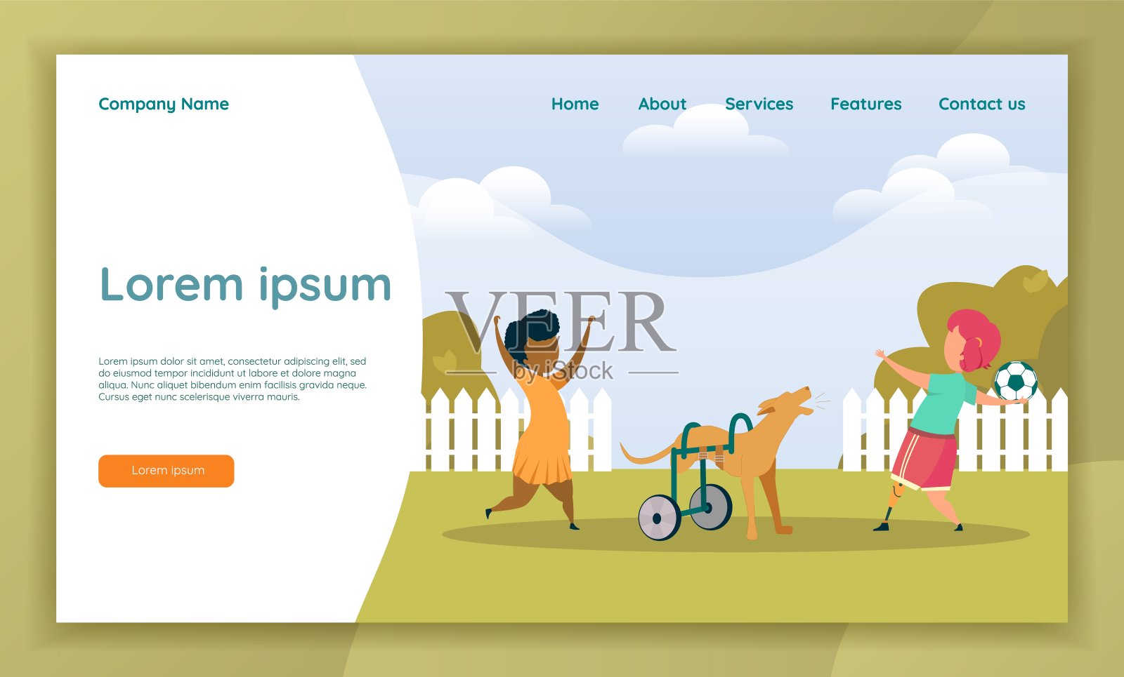 有假肢的狗和快乐的孩子玩插画图片素材