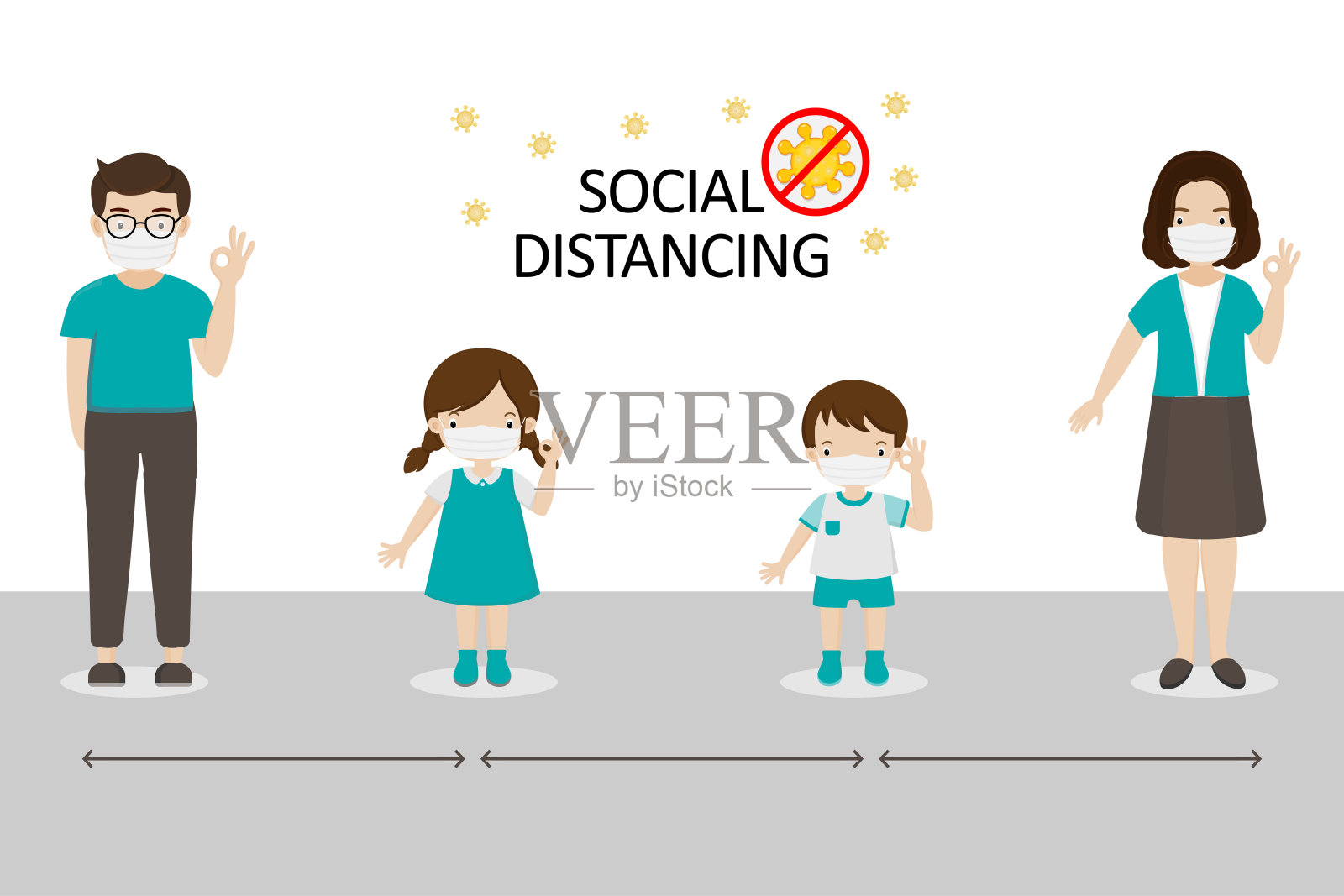 社会距离。人与人之间保持距离，避免传播COVID-19病毒。插画图片素材