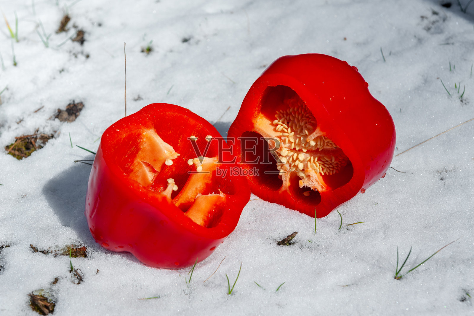 在白雪中切成两半的红甜椒照片摄影图片
