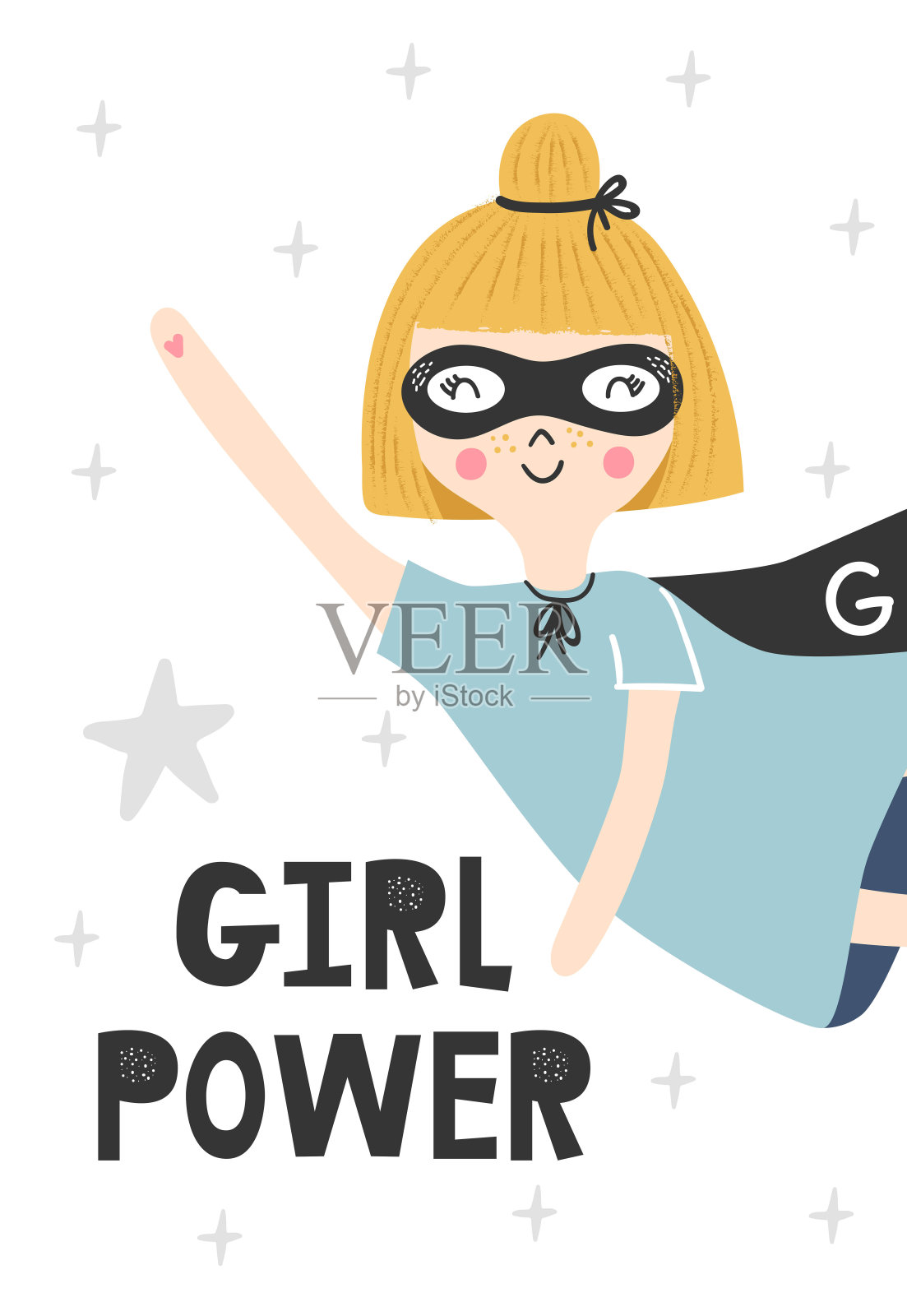 儿童海报与可爱的姜会飞的女孩超级英雄和手绘字母。婴儿保育室墙面艺术。矢量插图。插画图片素材