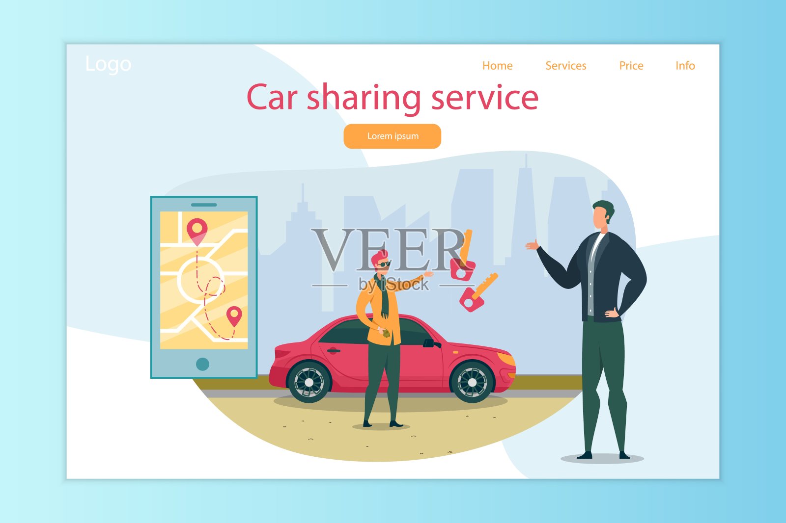 汽车共享服务着陆页与拷贝空间插画图片素材