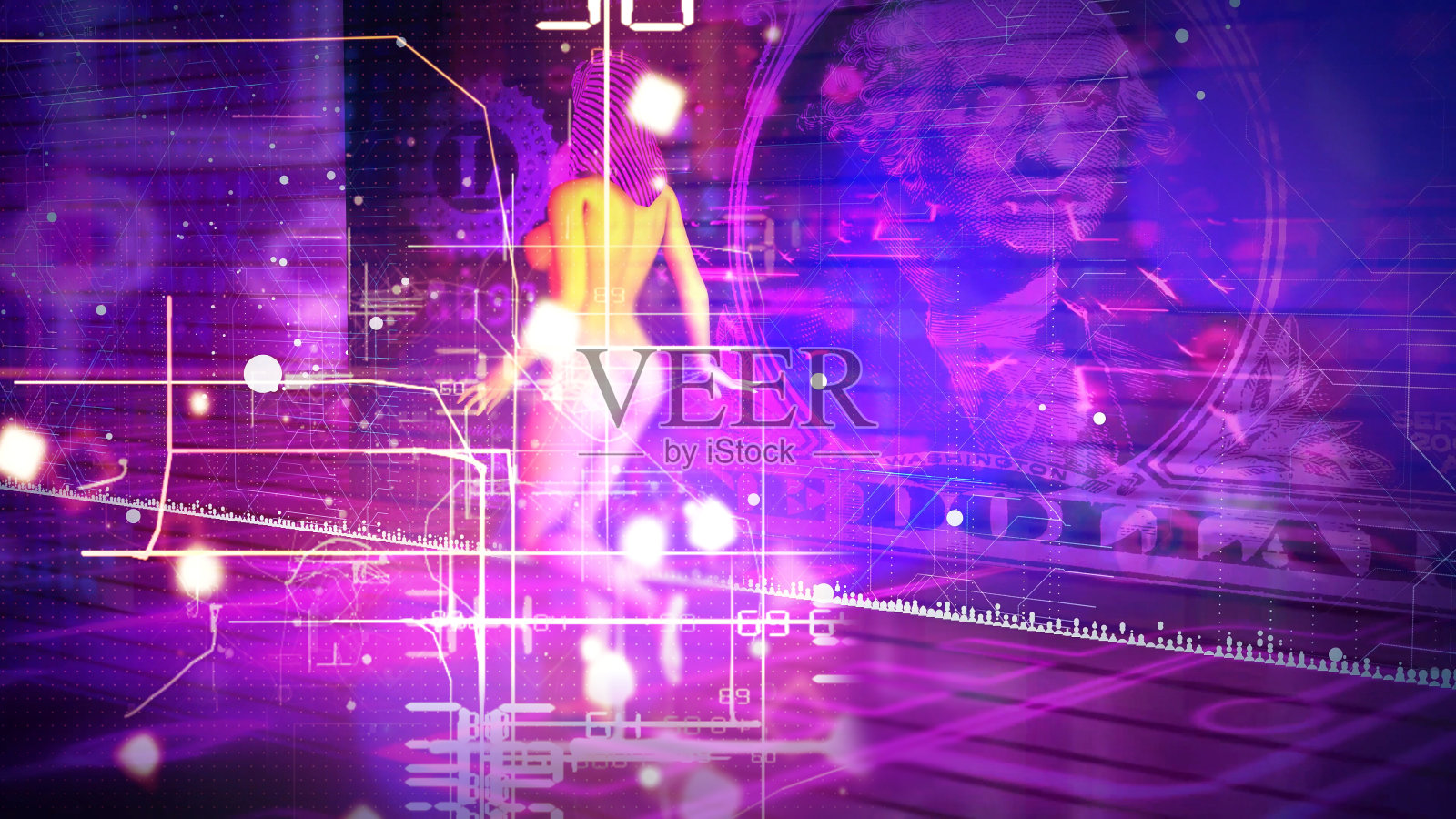 在网络朋克数字世界里行走的人工智能机器人照片摄影图片