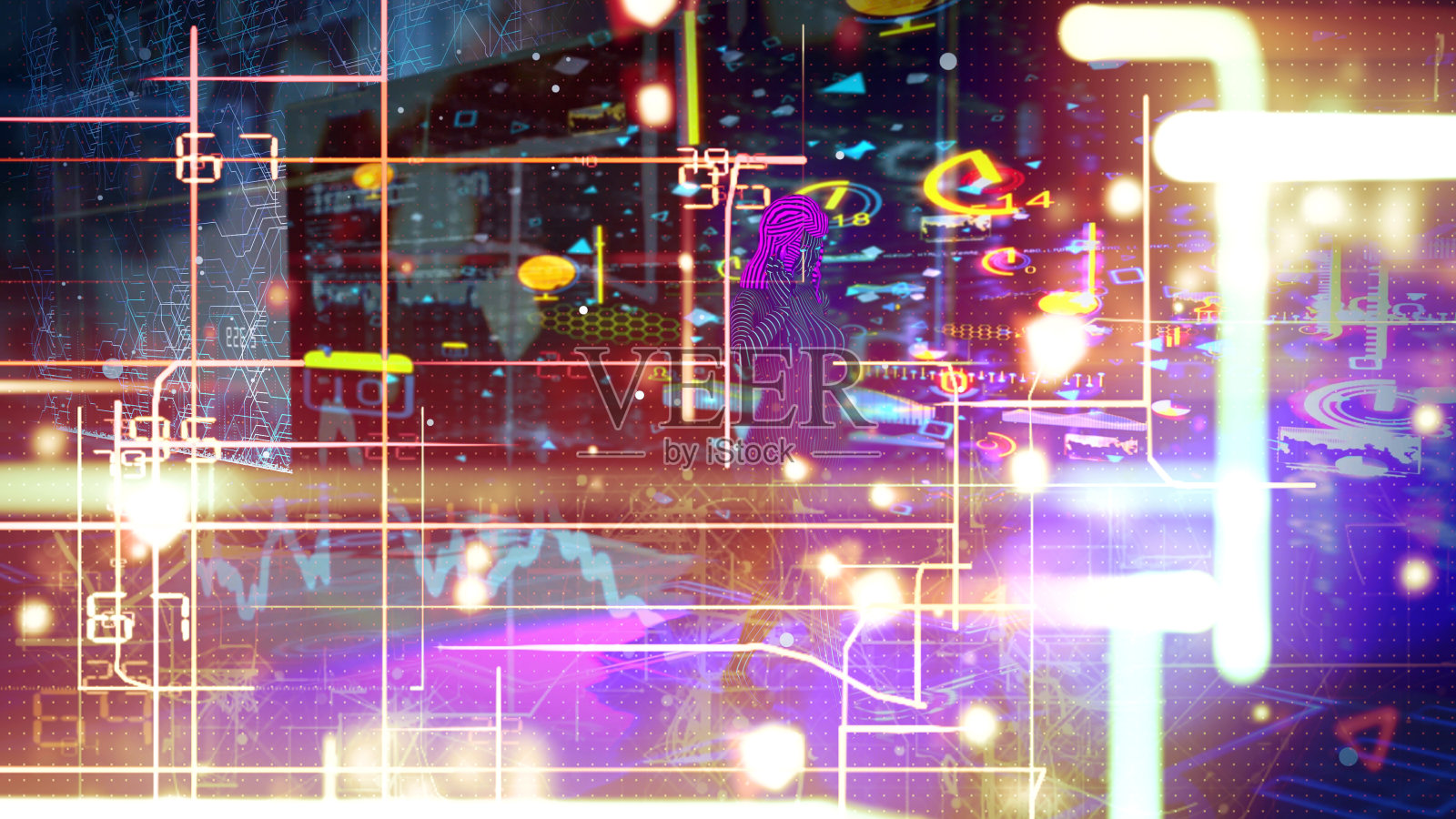 在网络朋克的数字世界里使用智能手机的人工智能机器人照片摄影图片