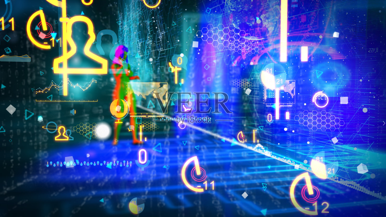 在网络朋克数字世界里行走的人工智能机器人照片摄影图片