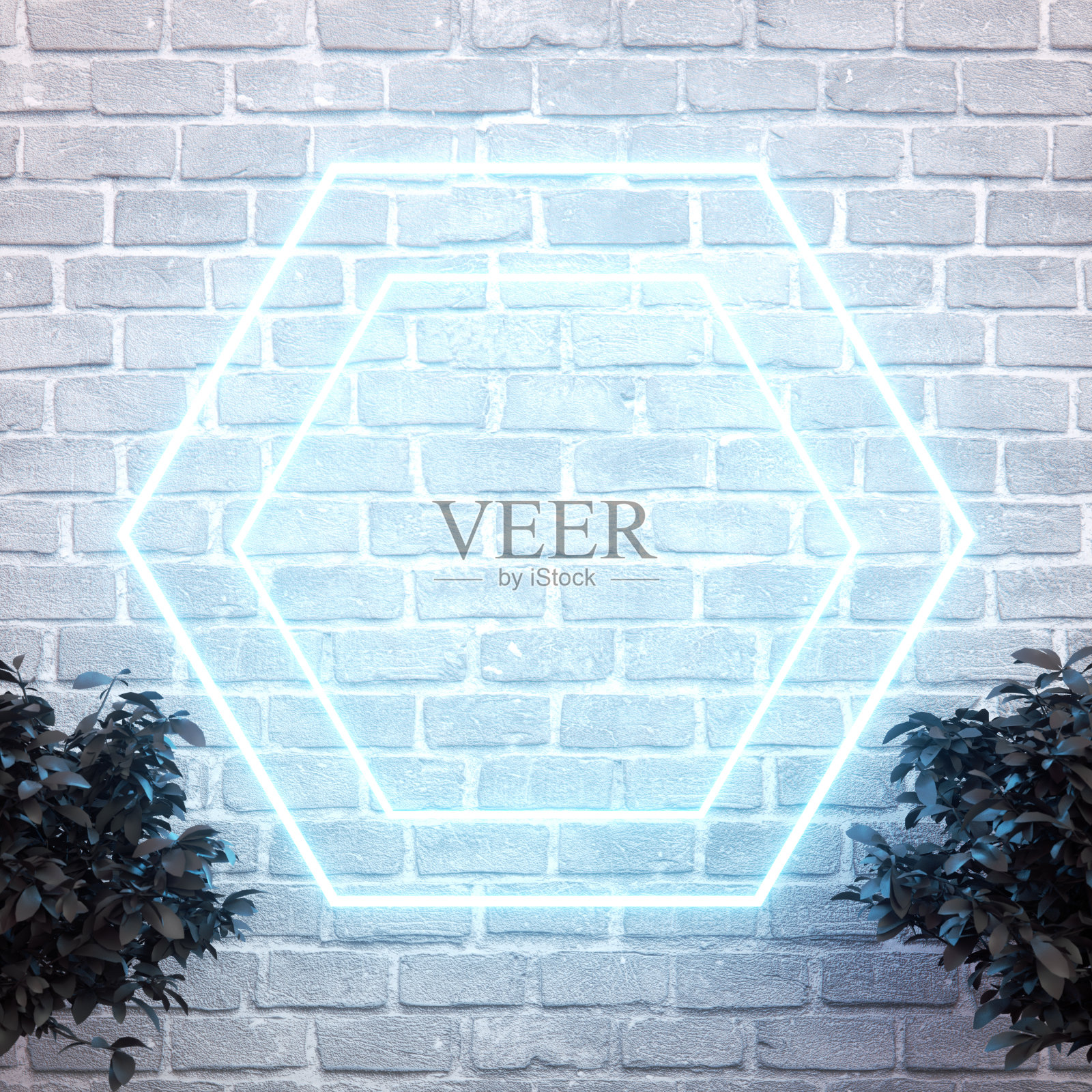 空框紫外线蓝色发光霓虹灯在白色砖墙的背景照片摄影图片