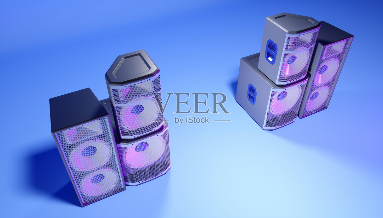 蓝色扬声器系统，蓝色背景，紫色照明照片摄影图片