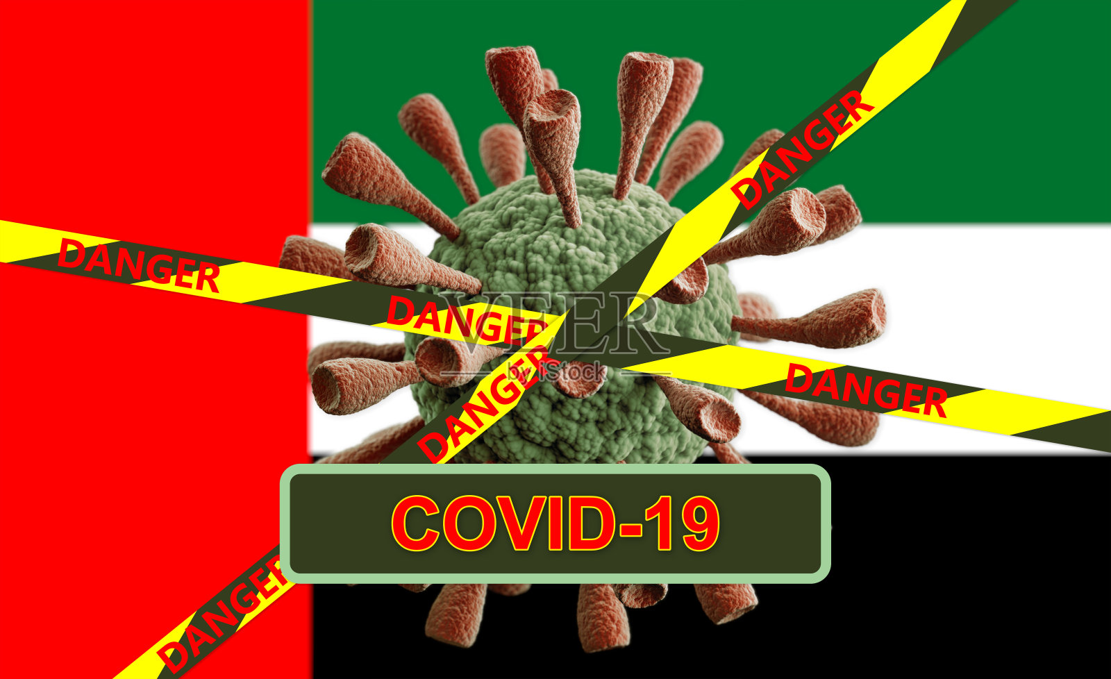 冠状病毒- Covid-19概念和阿拉伯联合酋长国国旗。危险的亚洲冠状病毒。3 d渲染。照片摄影图片