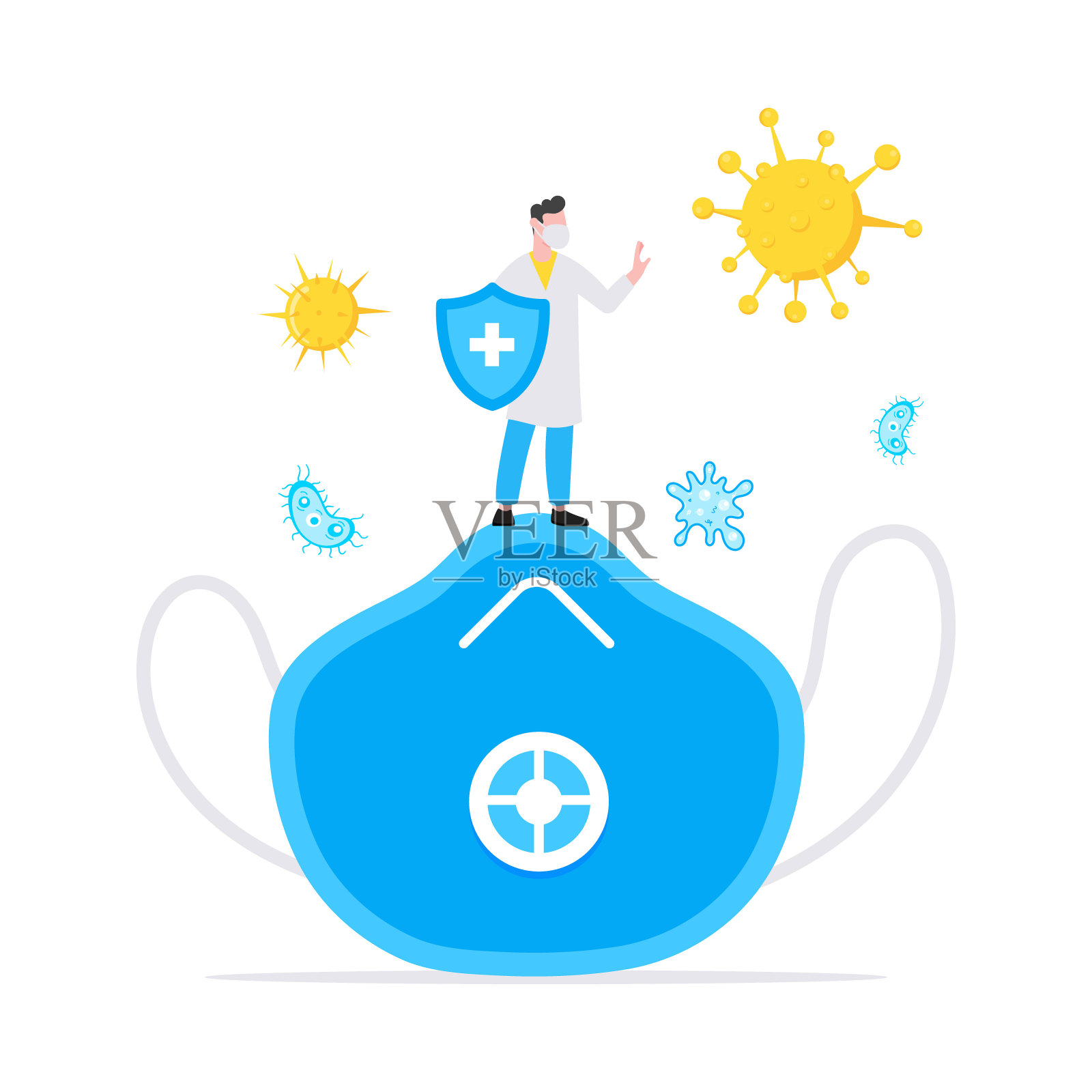医疗保健医学概念与微小的人医生和大的防护口罩，防止病毒载体插图孤立在白色的背景。适合横幅，网站，卡片。插画图片素材