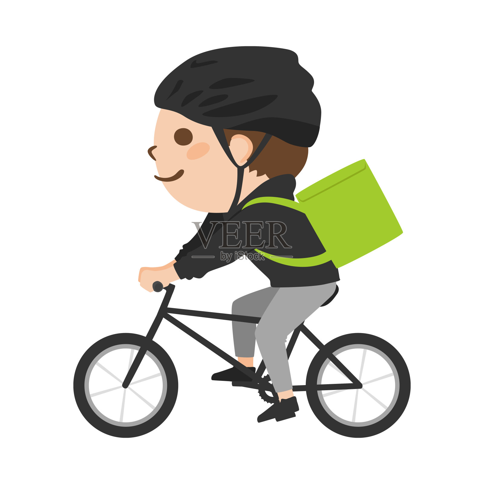 年轻的男性送货员骑着自行车送食物。插画图片素材