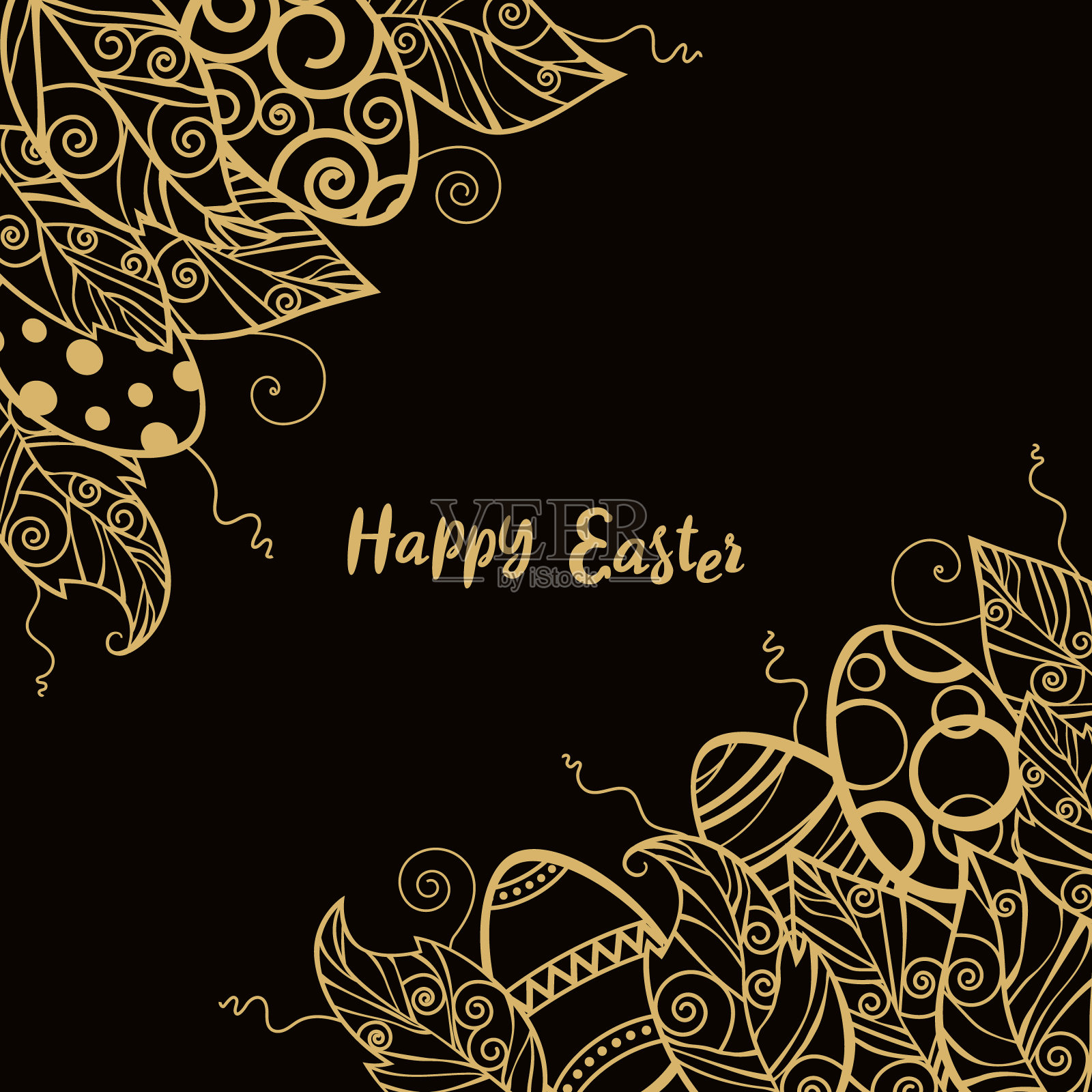 复活节彩蛋和有图案的树叶。复活节快乐。黄金贺卡的形式。设计模板素材