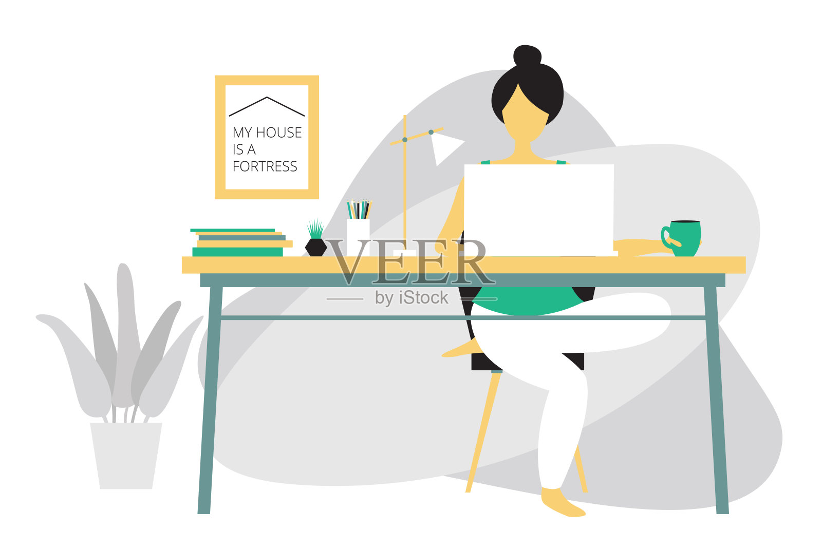 远程工作的概念。女孩在家里用电脑工作。现代平面设计理念的远程办公。明亮的矢量插图孤立在白色背景上。插画图片素材