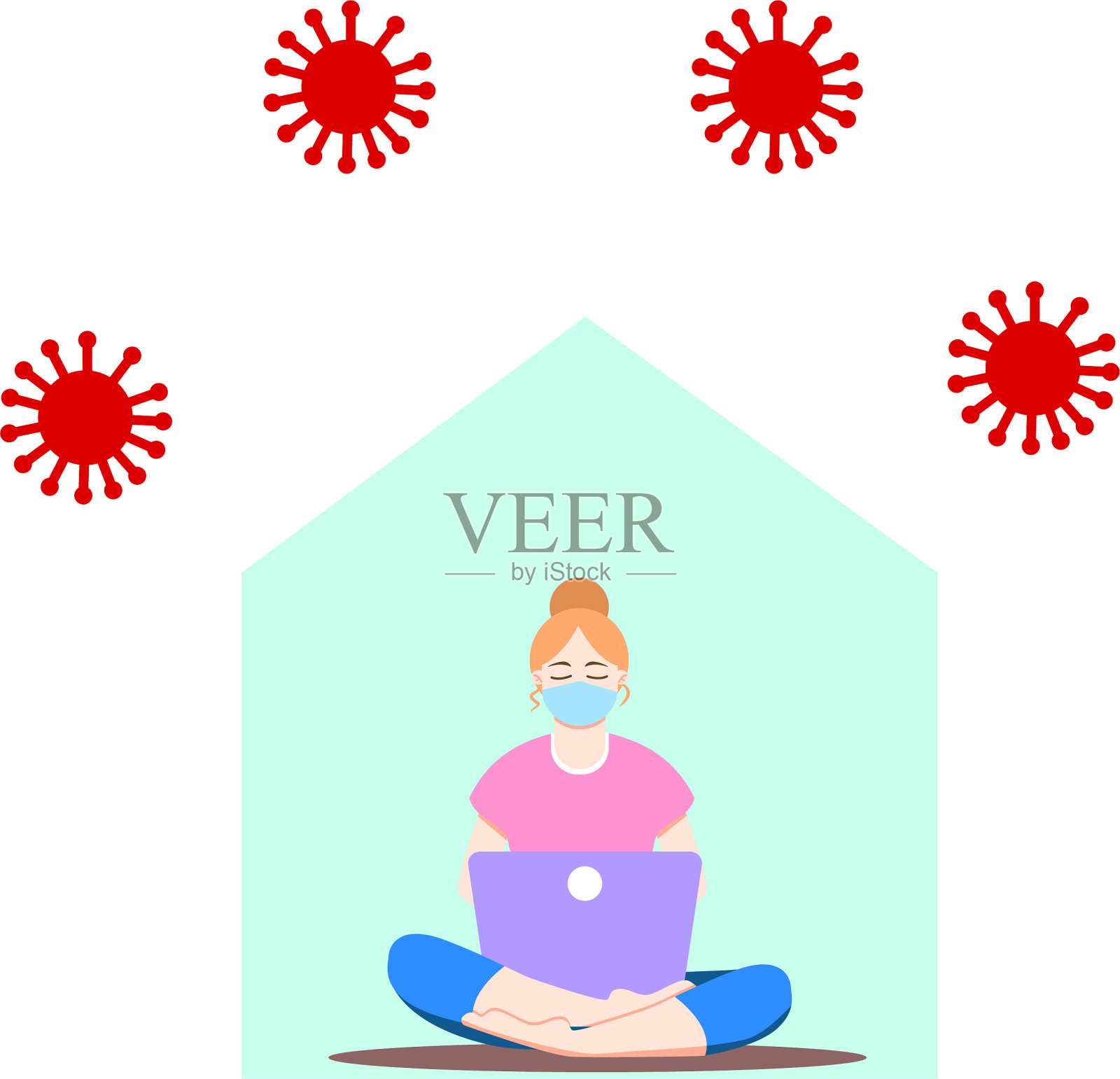 女孩以莲花姿势坐着用笔记本电脑。年轻女子在笔记本上工作，学习，上网，聊天，写博客。2019冠状病毒(COVID-19)大流行期间的社交距离。呆在家里插画图片素材