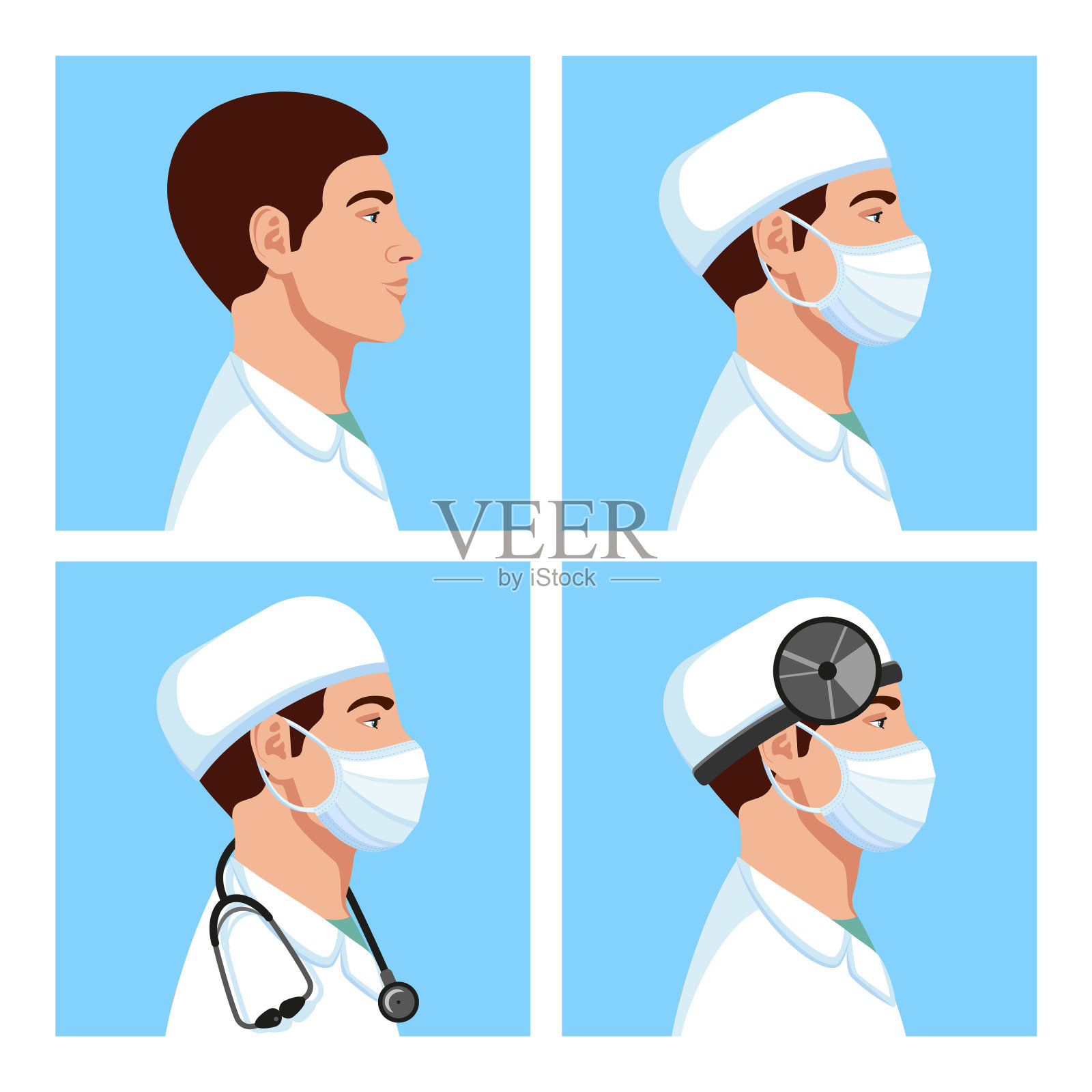 男医师、耳鼻喉科医师戴着医用帽、带医用面罩、头部反射器、听诊器avatar set。医疗个人。治疗师。医院的护士。矢量插图。插画图片素材