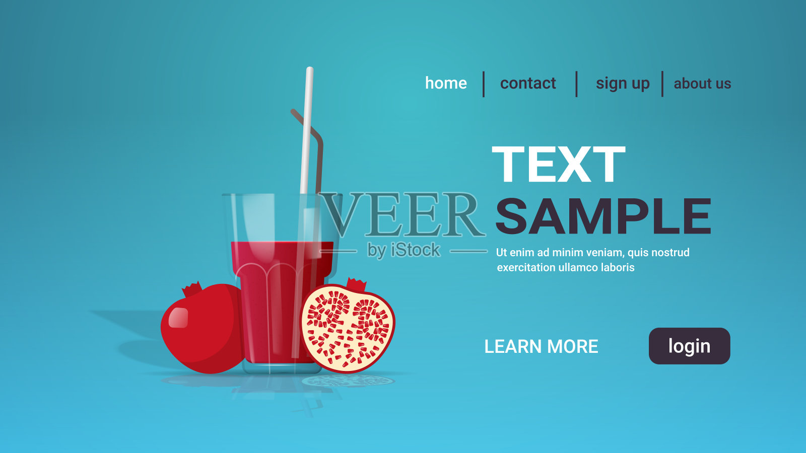 一杯新鲜的石榴汁与吸管和切成两半的水果拷贝空间水平插画图片素材