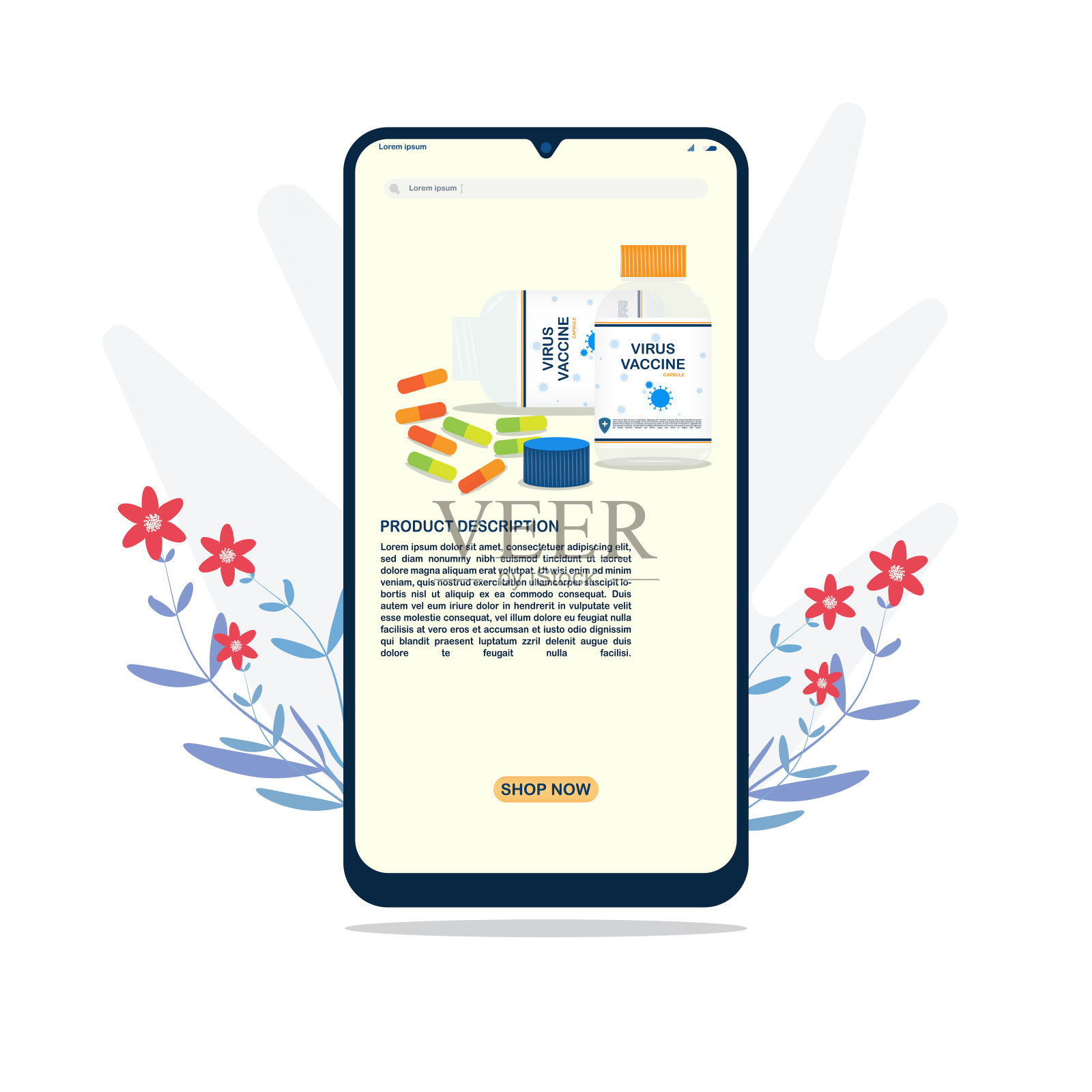 社交网络购物通过手机平面设计风格。移动购物说明。插画图片素材