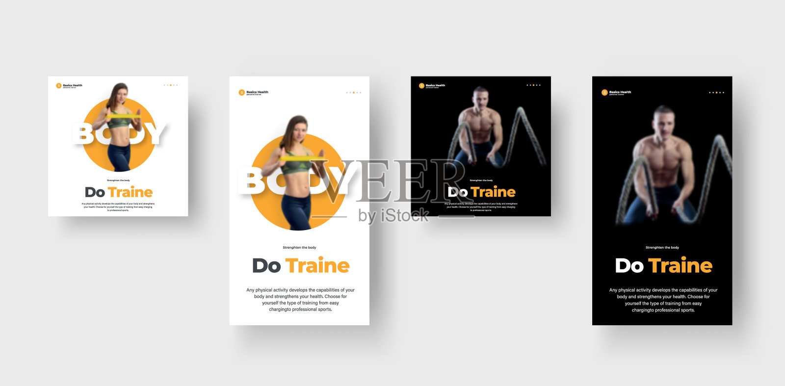 黑白背景上的宣传单设计，以运动和营养为主题，有一个女孩和一个男孩。设计模板素材