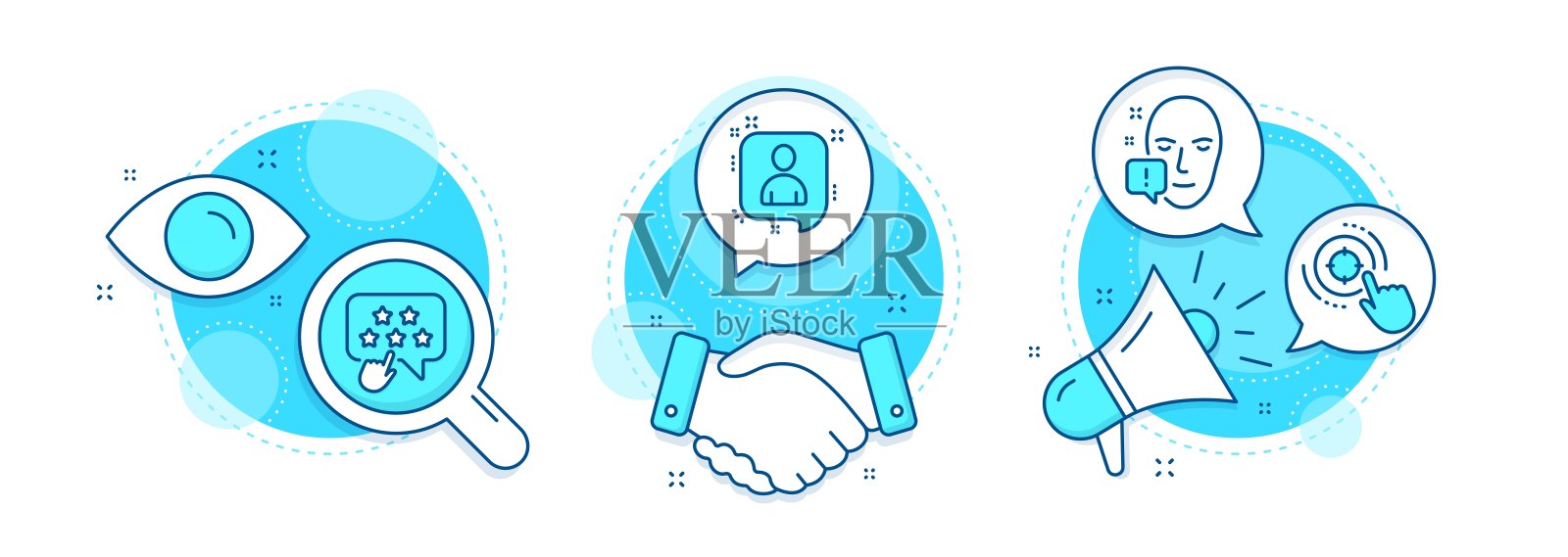 Seo目标，排名明星和开发者聊天图标集。面对注意的信号。向量插画图片素材