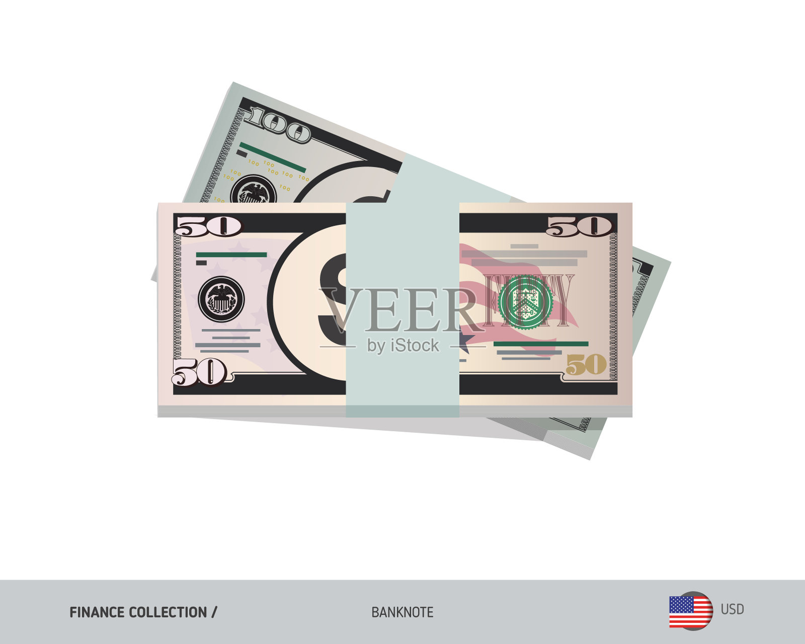 50张美元钞票。一捆钱。平面风格矢量插图。插画图片素材