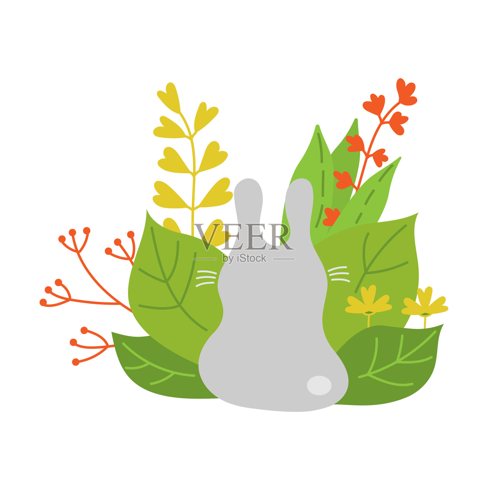 可爱的卡通兔子坐在植物和花旁边。手绘矢量插图明信片，儿童的设计和更多插画图片素材