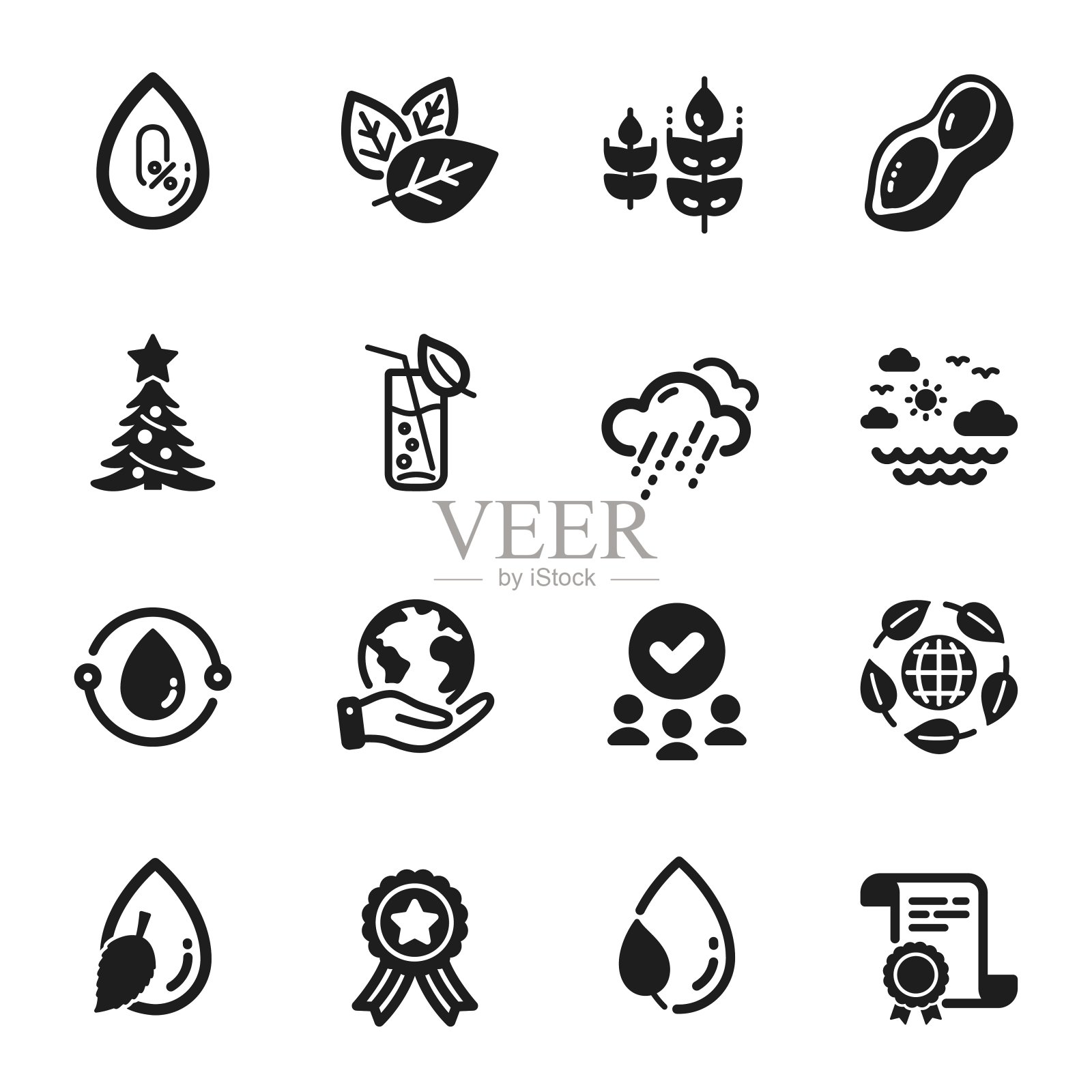 一套自然图标，如冷压油，水杯，无酒精。向量图标素材