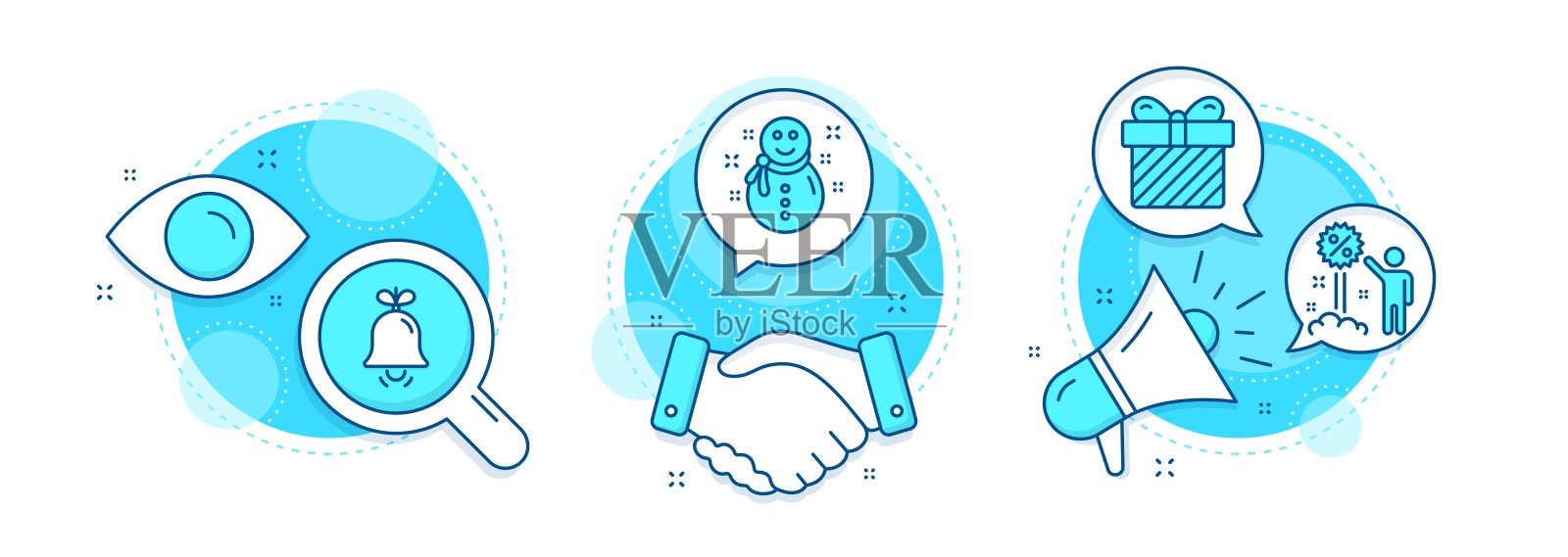 折扣，雪人和惊喜图标集。贝尔的迹象。购物，新年，礼物与弓。报警信号。向量插画图片素材