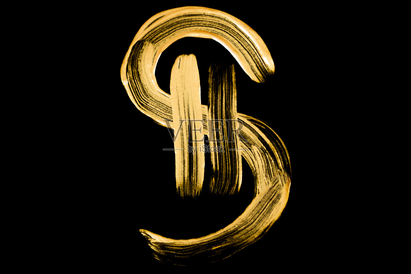 美元符号用金色油漆在一个黑色孤立的背景。照片摄影图片