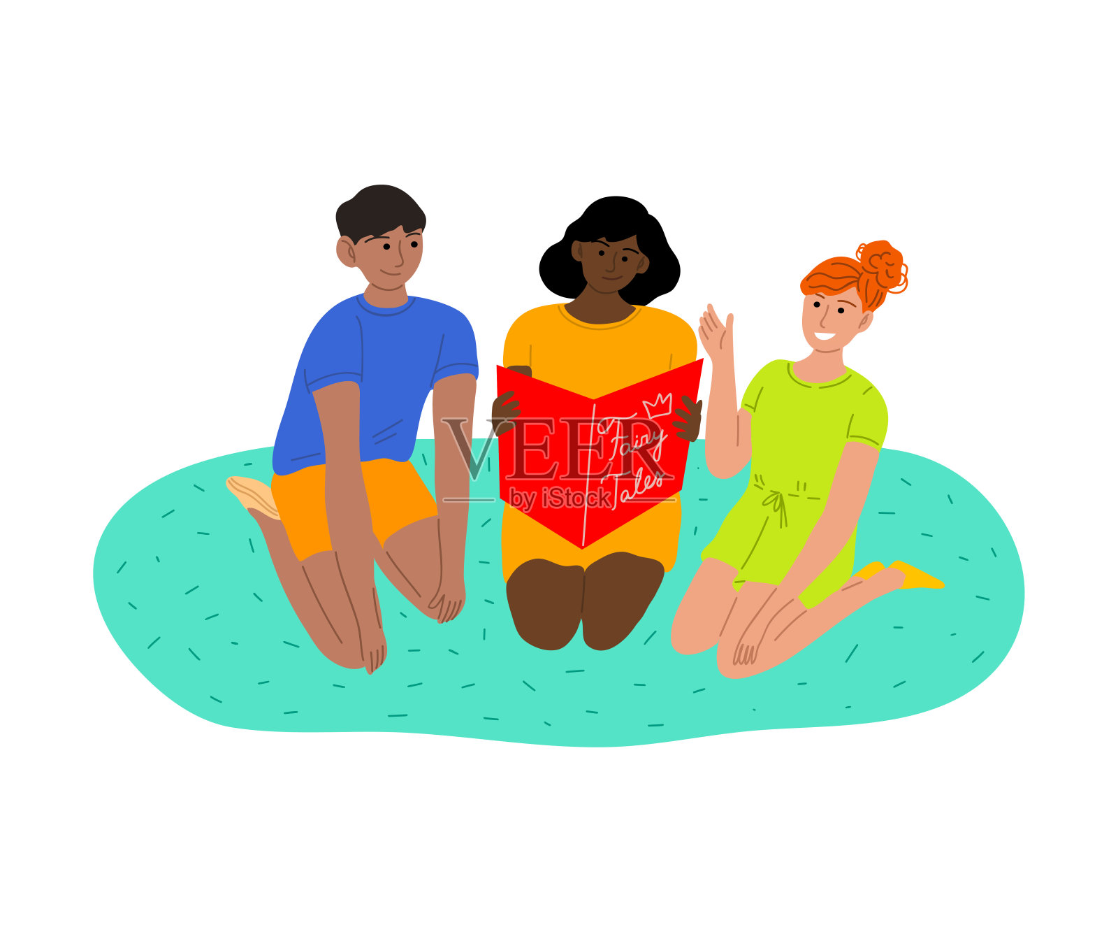 微笑的孩子坐在地板上，阅读书籍矢量插图插画图片素材