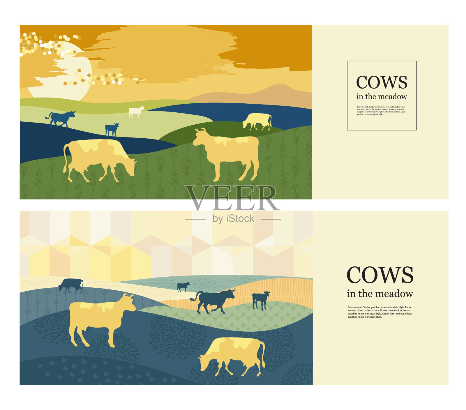 水平背景。牧场上的牛。牛的剪影。设置的背景。插画图片素材