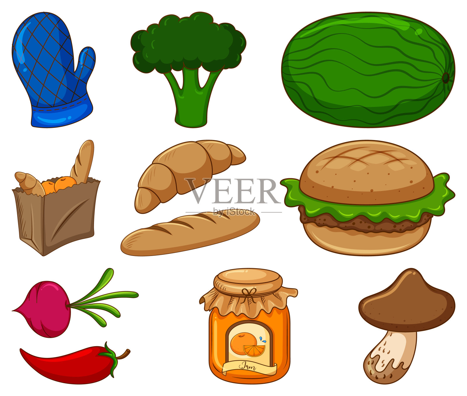 白色背景上的大组不同的食物和其他物品插画图片素材