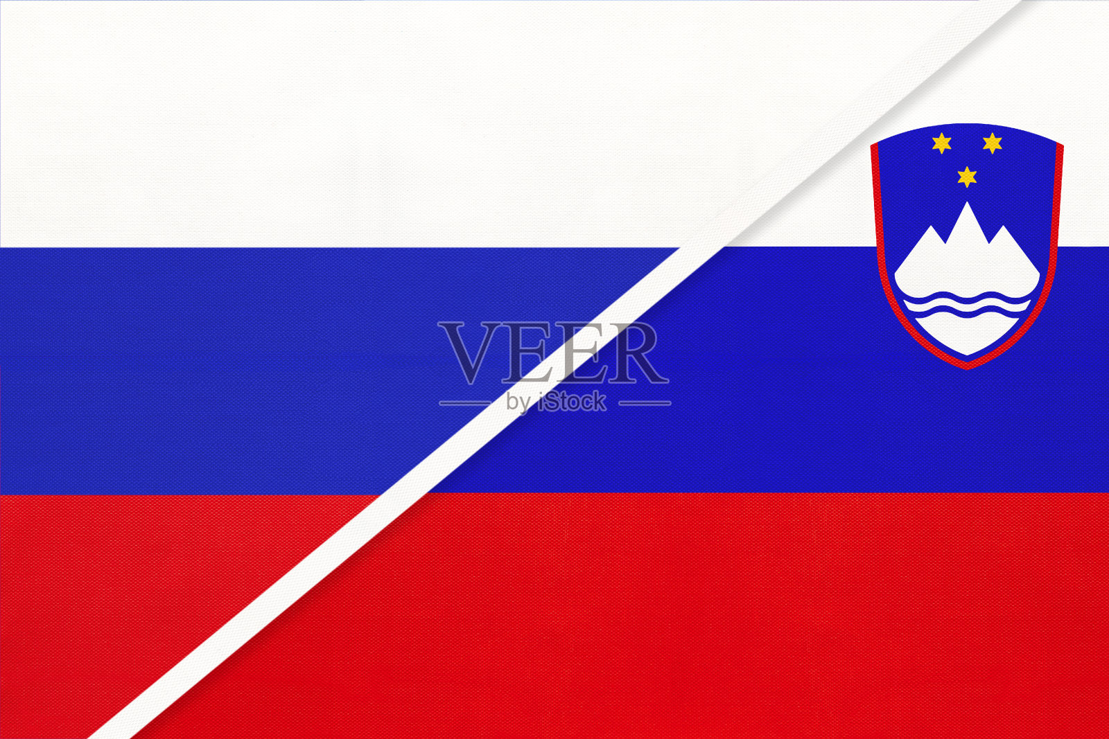 俄罗斯对斯洛文尼亚的纺织品国旗。两国关系和伙伴关系。插画图片素材