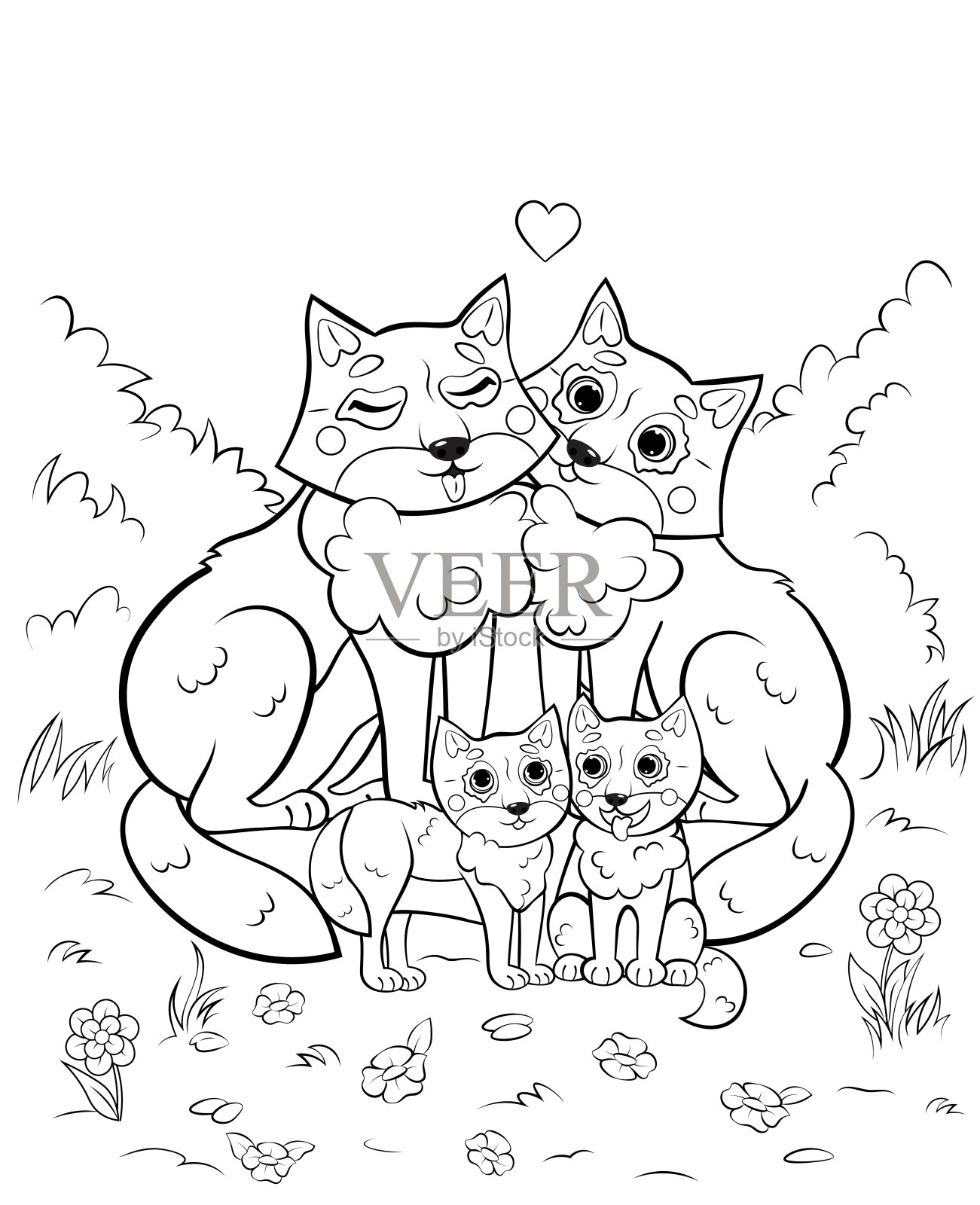 可爱的卡通狼家庭与小熊的涂色页轮廓。矢量图像与森林背景。儿童森林野生动物着色书。插画图片素材