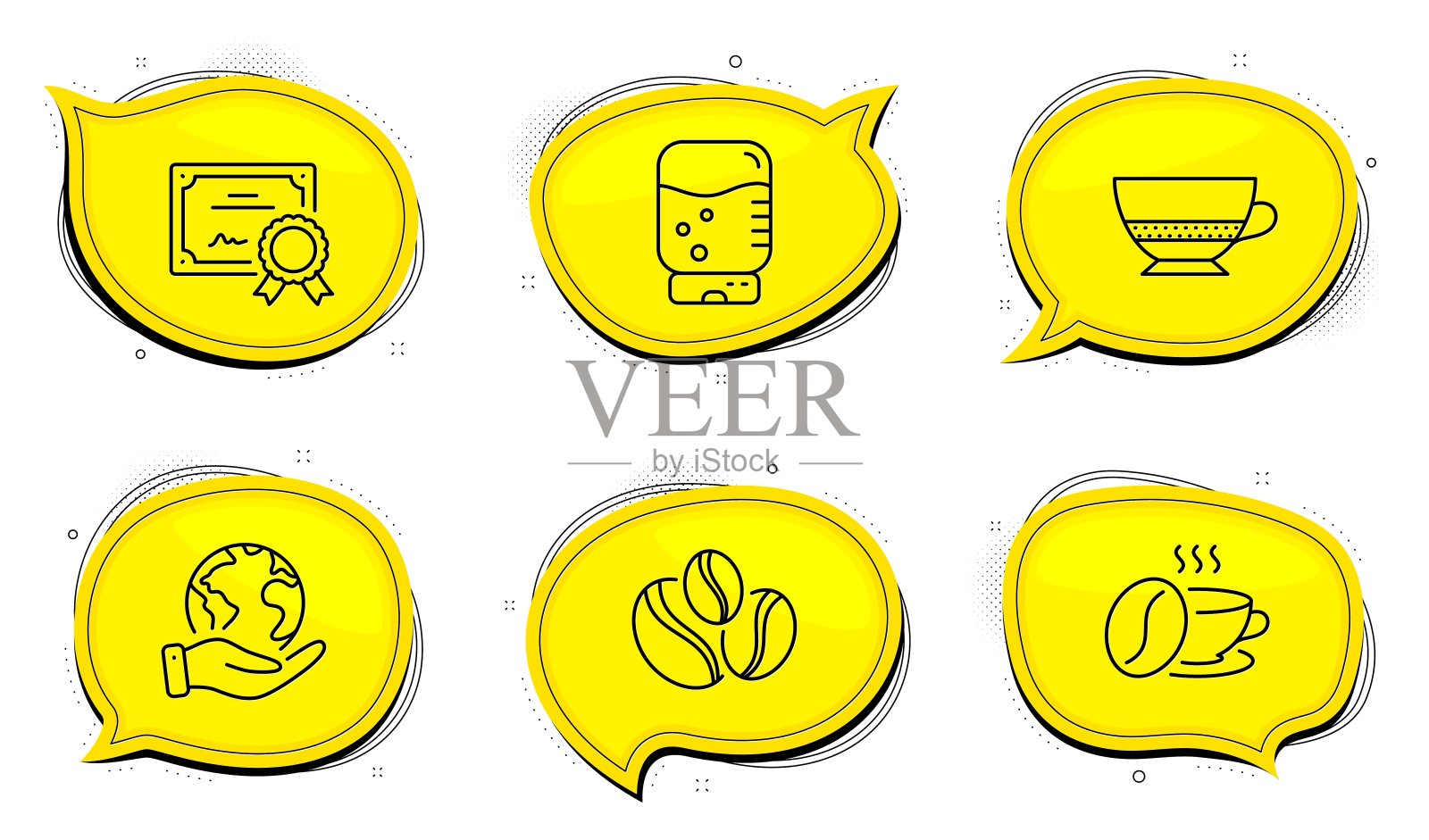 咖啡浆果豆，邦邦咖啡和咖啡杯图标设置。水冷却器的迹象。向量图标素材