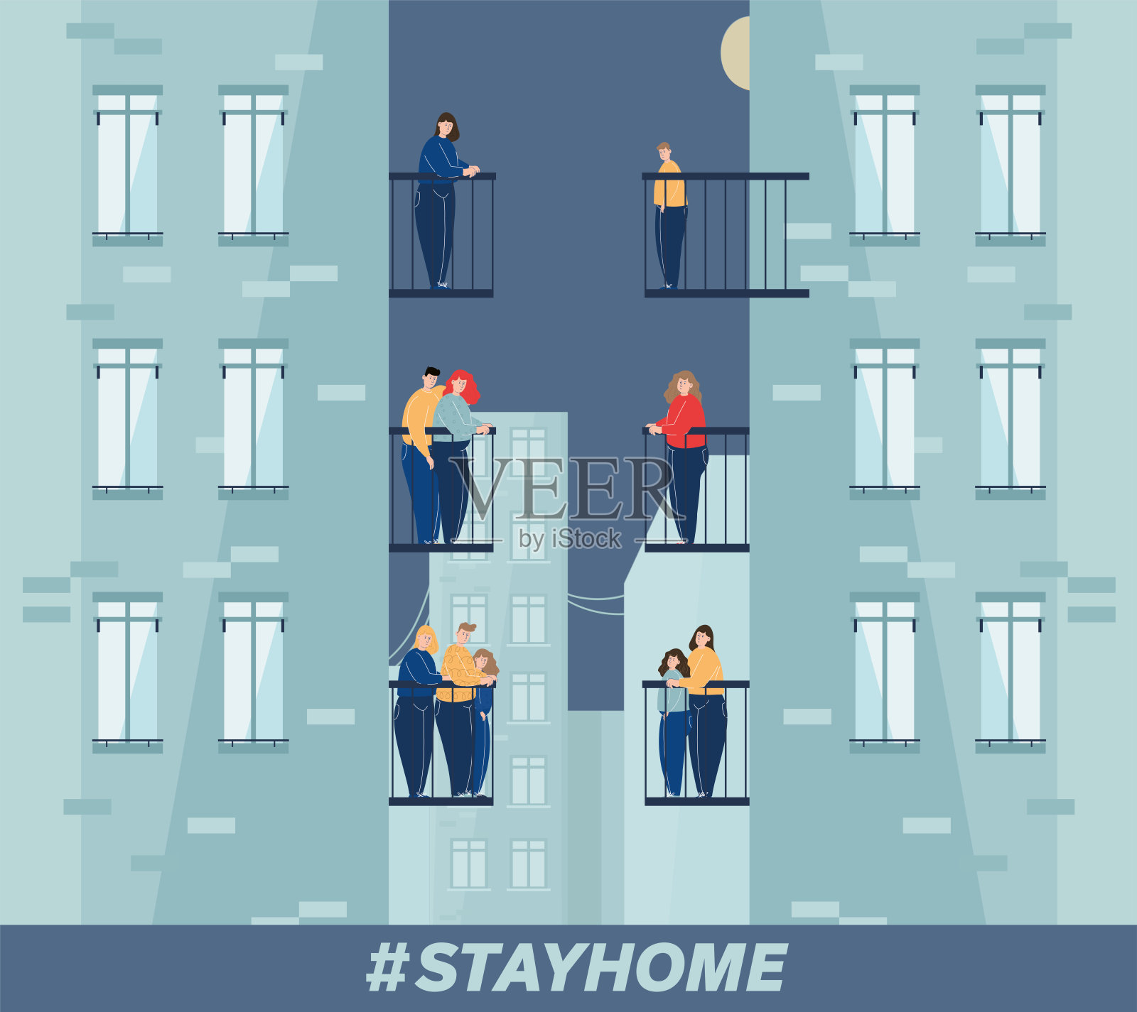 矢量插图。人们呆在家里以减少感染的风险。插画图片素材