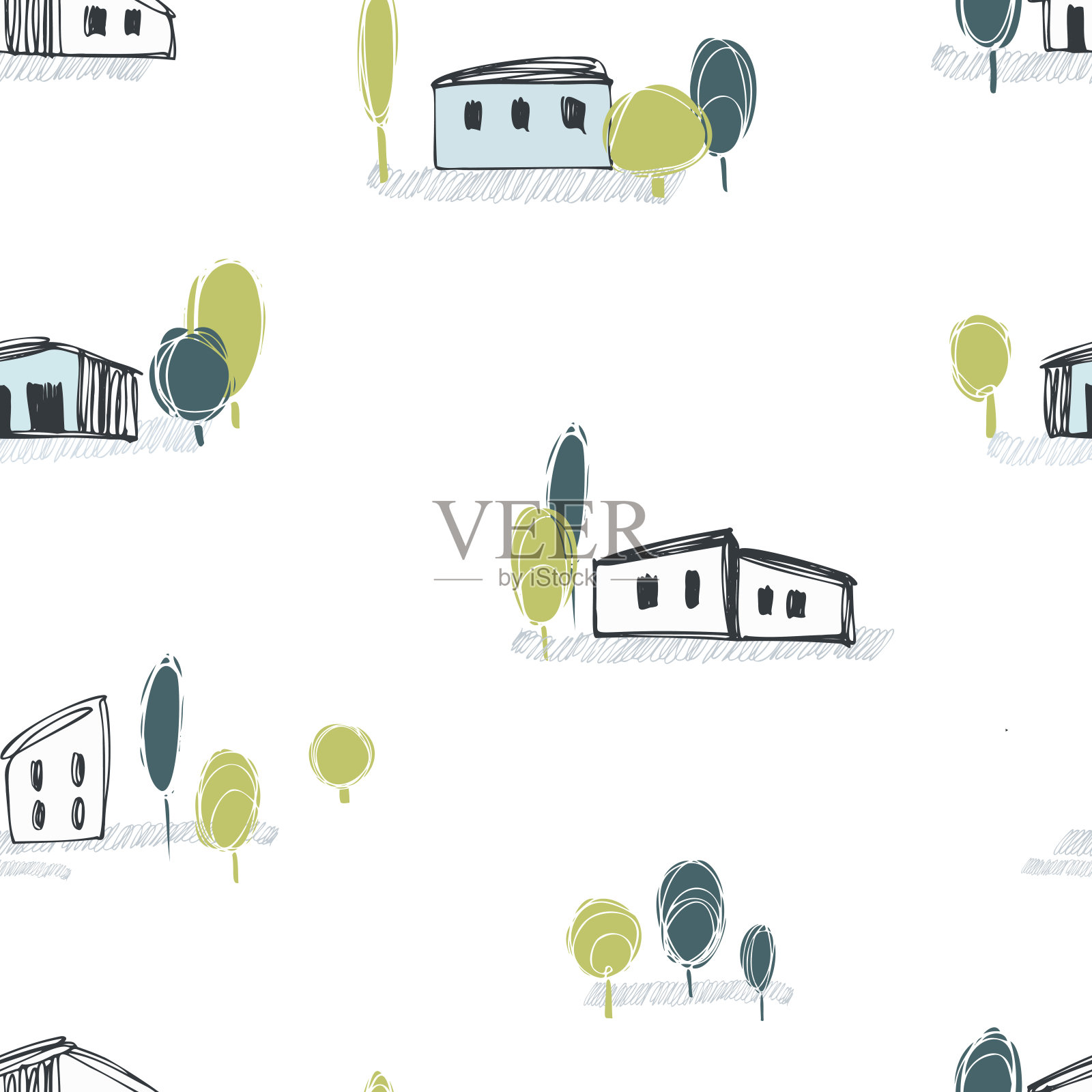 手绘房子和树。向量无缝模式。插画图片素材