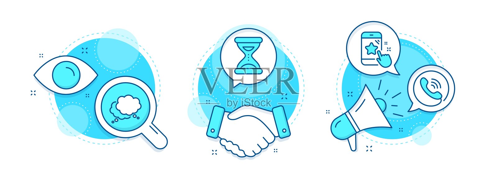 明星评级，时间和讲话气泡图标设置。呼叫中心的迹象。电话反馈，时钟，聊天信息。向量插画图片素材