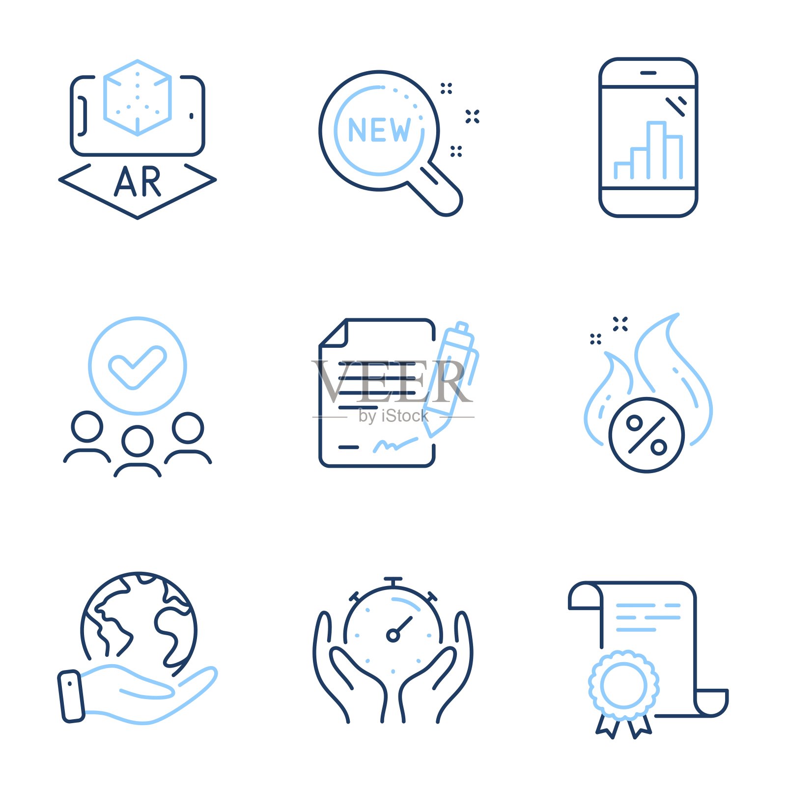 计时器，签名文档和新产品图标集。增强现实，热贷和图形手机信号。向量图标素材