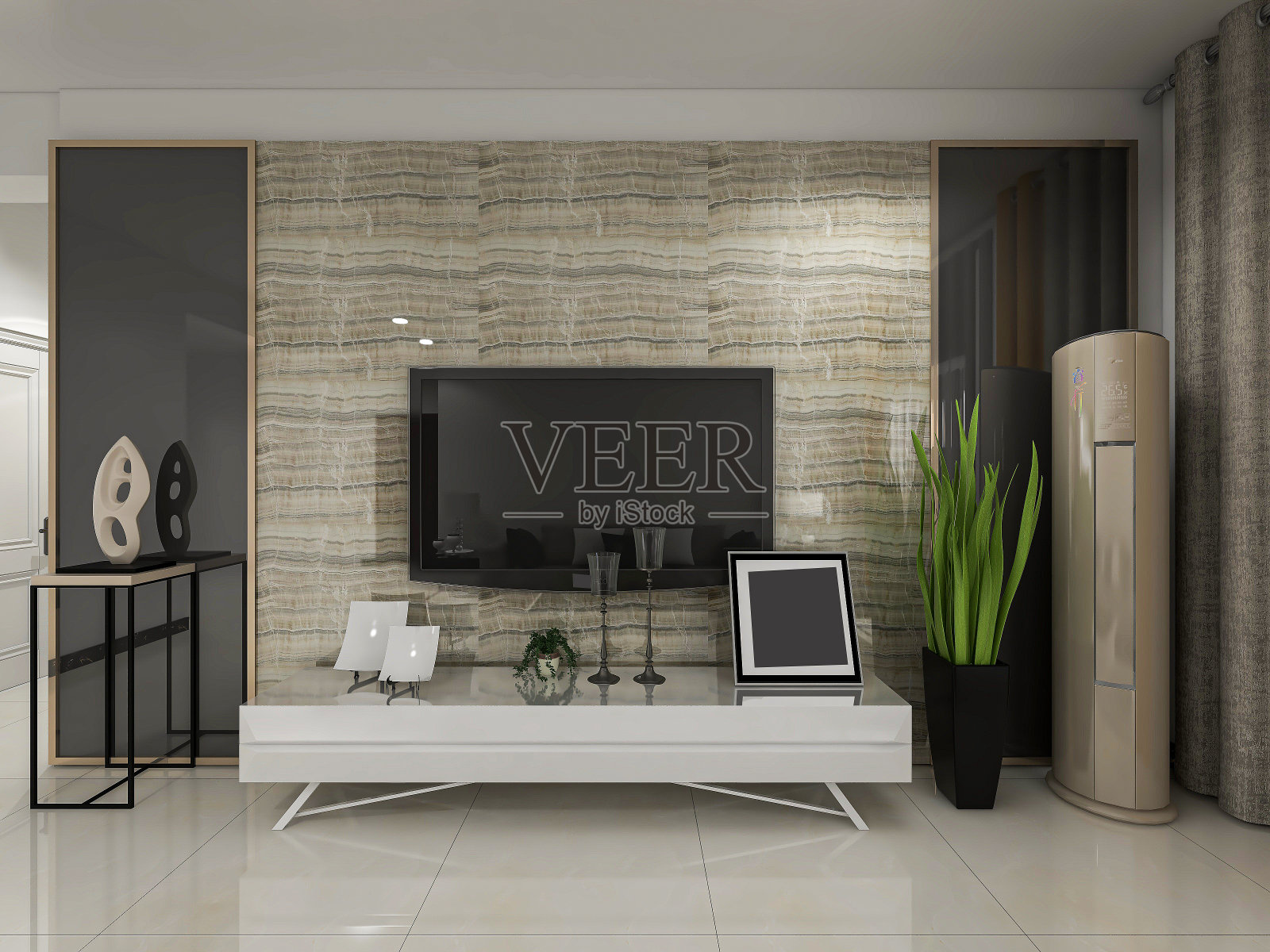 3D效果图，干净整洁的现代客厅设计，入口配有鞋柜、沙发、电视、桌子、休闲椅等设施照片摄影图片