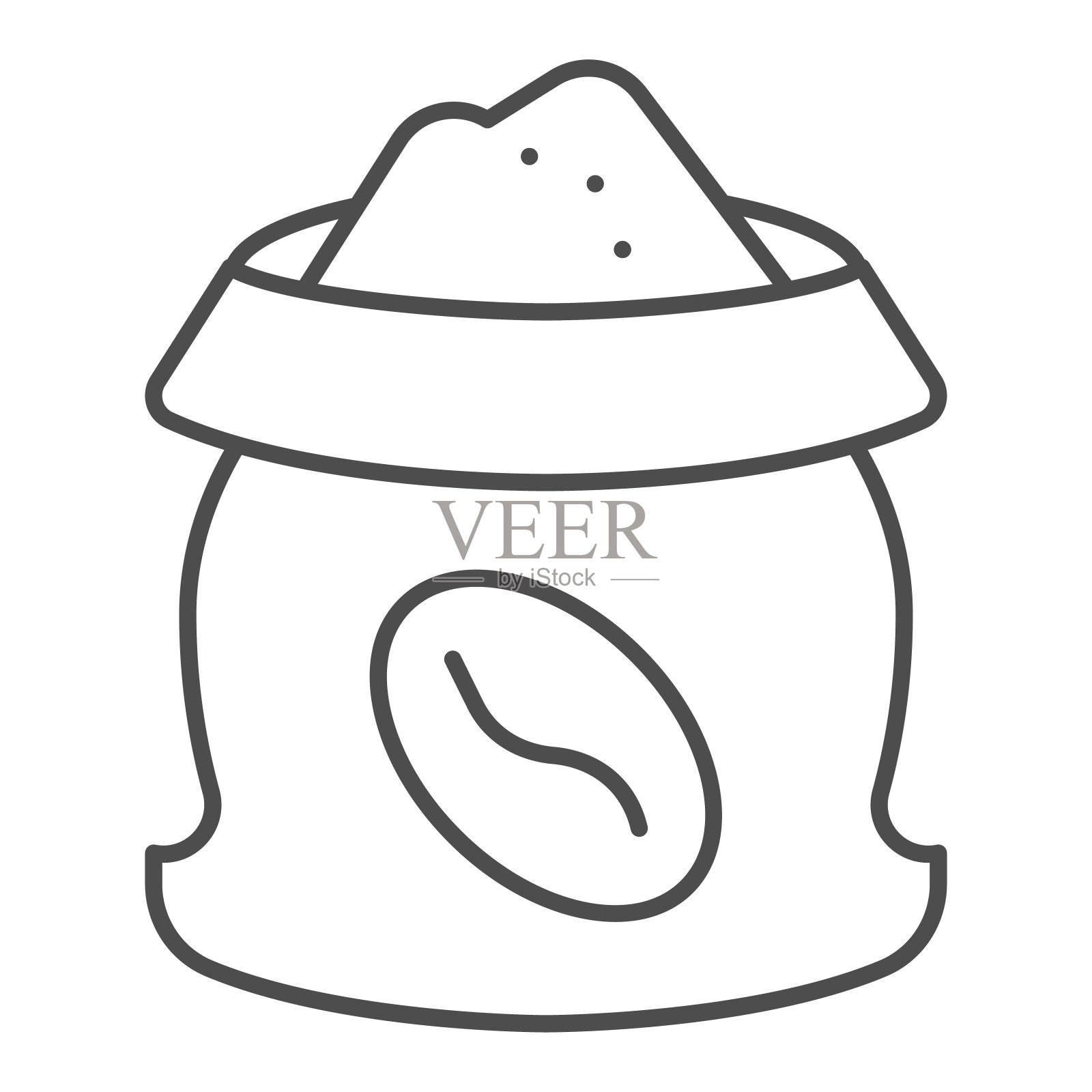 袋装咖啡豆细线图标。打开的麻袋上有谷物和豆类的符号，轮廓风格的象形文字在白色的背景上。咖啡或咖啡标志的移动概念和网页设计。矢量图形。插画图片素材