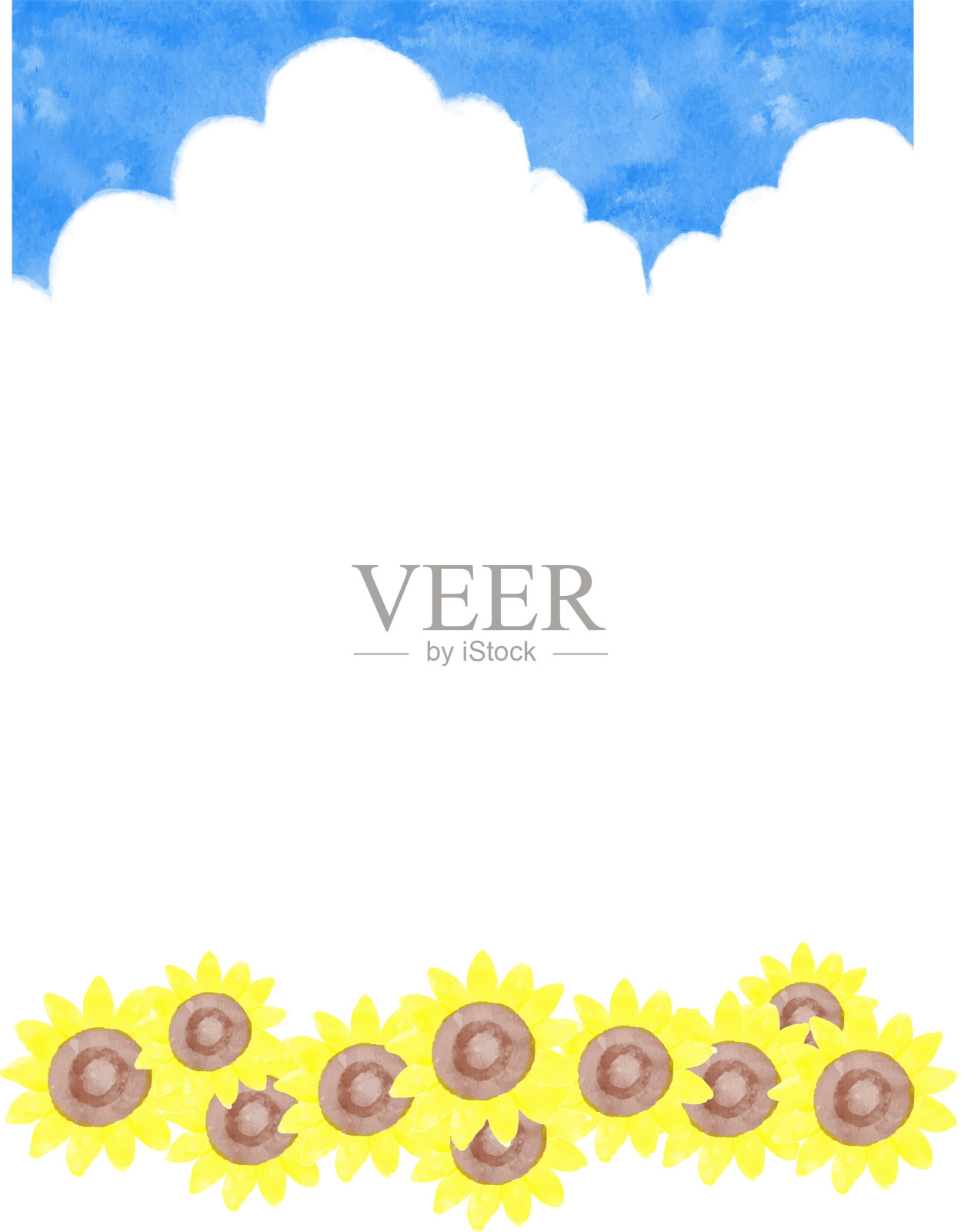 蓝色的天空和向日葵框架与垂直组成和水彩插画图片素材