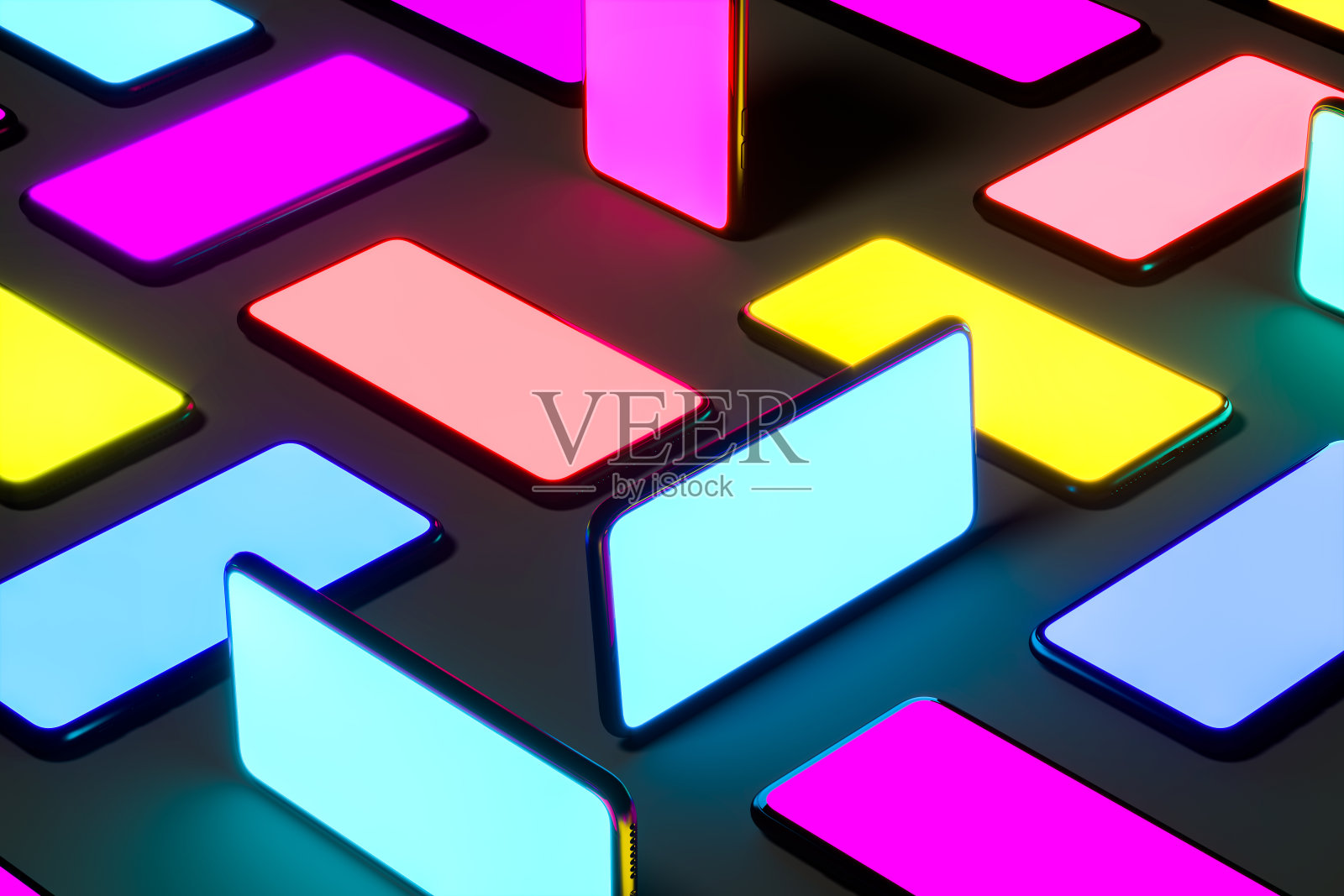 手机与多色屏幕上的黑色背景。黄色的。蓝色的。紫罗兰，橙色，海蓝宝石。3d渲染照片摄影图片