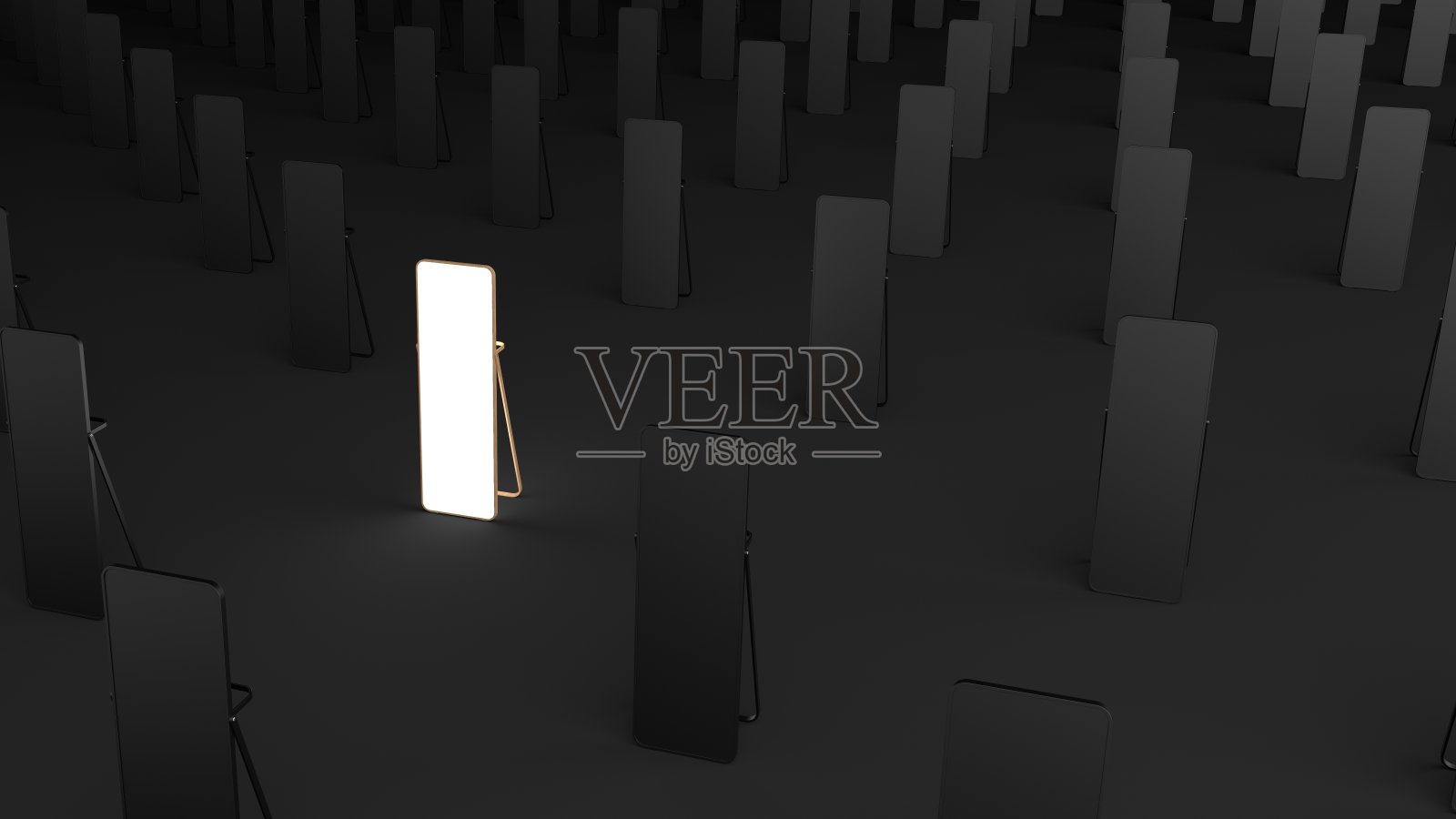 发光的白色镜子被许多黑色镜子包围着。地板上醒目的白色镜子。发光的白色镜子孤立在简单的黑色背景，插图，极简的黑色，3D渲染。照片摄影图片