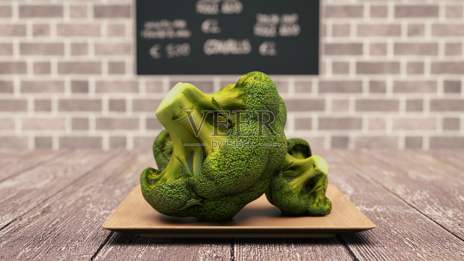 新鲜的绿色花椰菜放在木板上的木桌上靠近。照片摄影图片