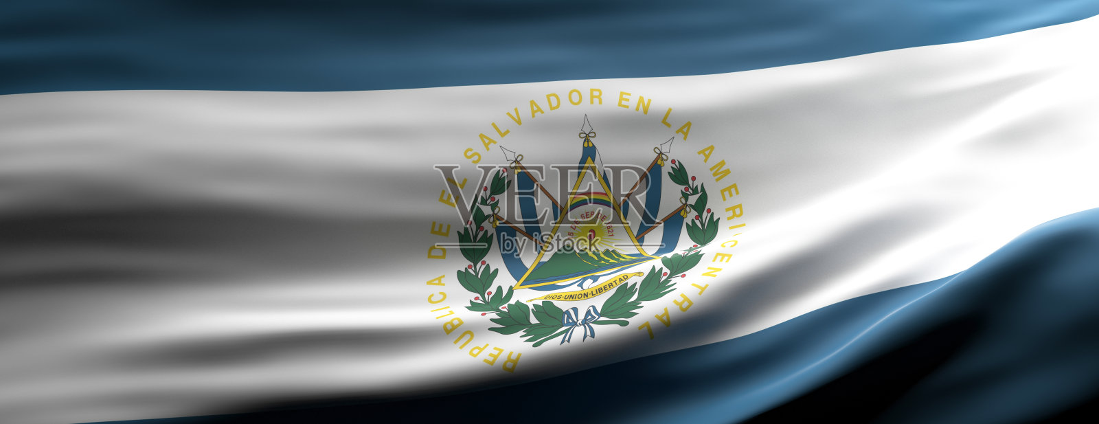 萨尔瓦多国旗飘扬纹理背景。三维演示照片摄影图片