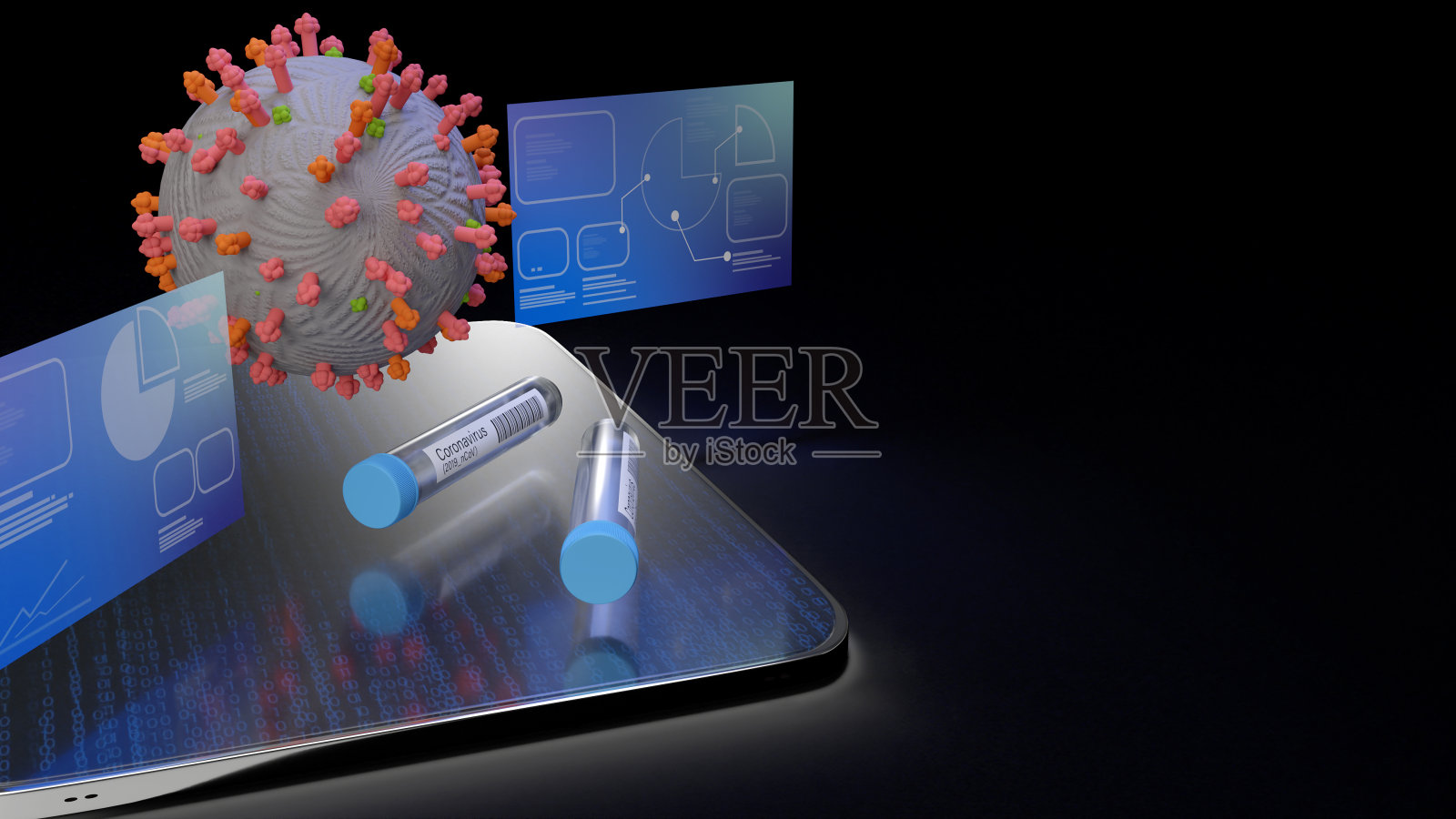 冠状病毒和科学管平板3d渲染医疗内容。照片摄影图片