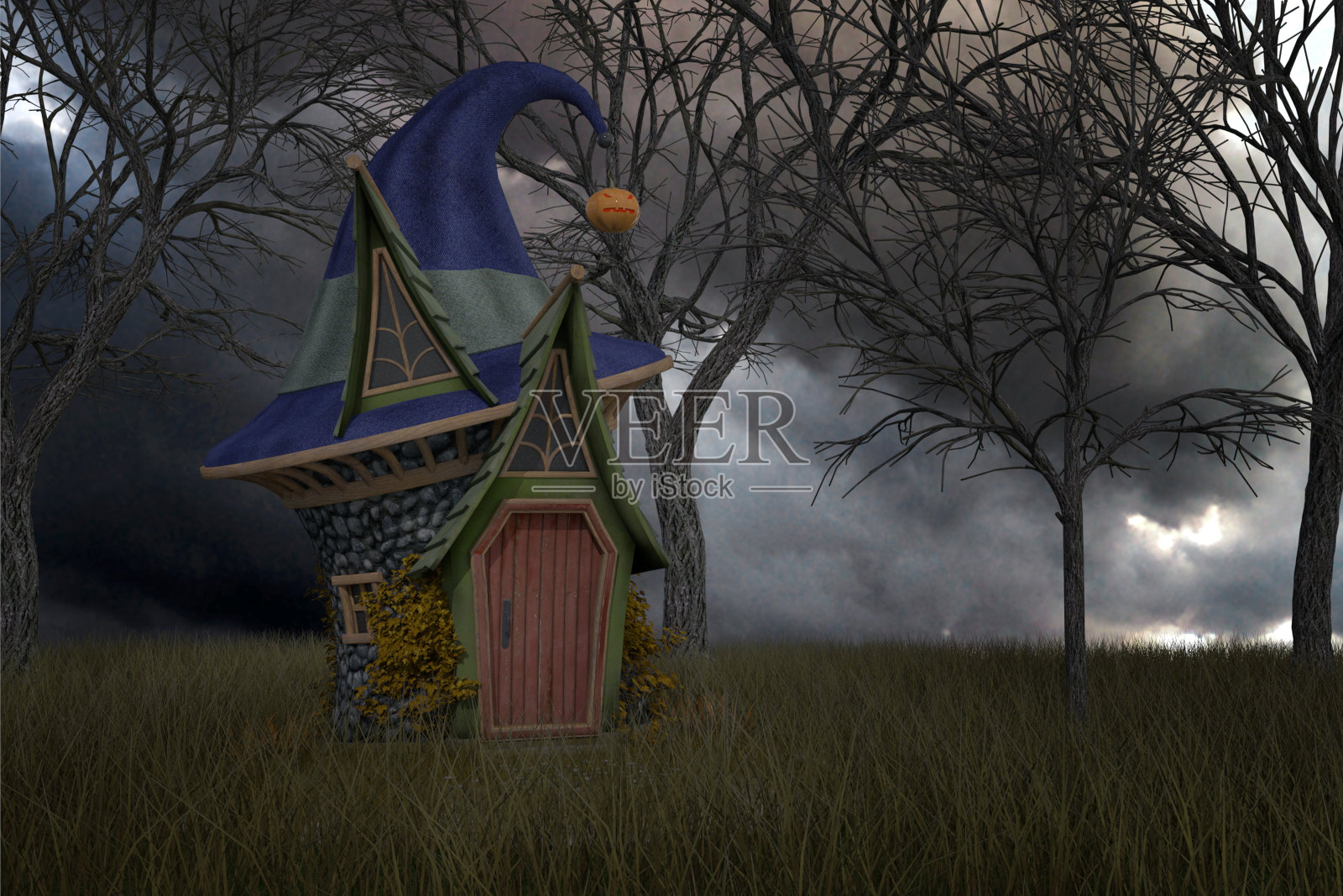 老巫婆的帽子房子在一个领域，3d渲染。插画图片素材