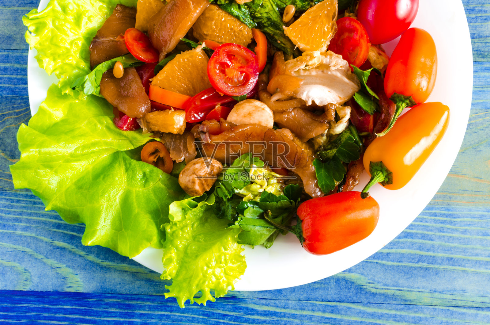 开胃菜:鱼和蔬菜，用西红柿，香草和甜椒装饰照片摄影图片