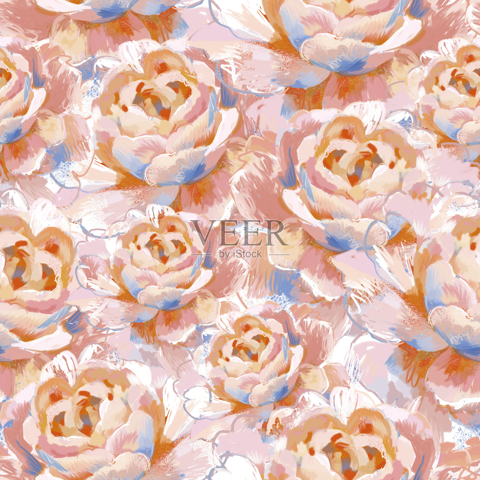 花的无缝图案与盛开的玫瑰头插画图片素材