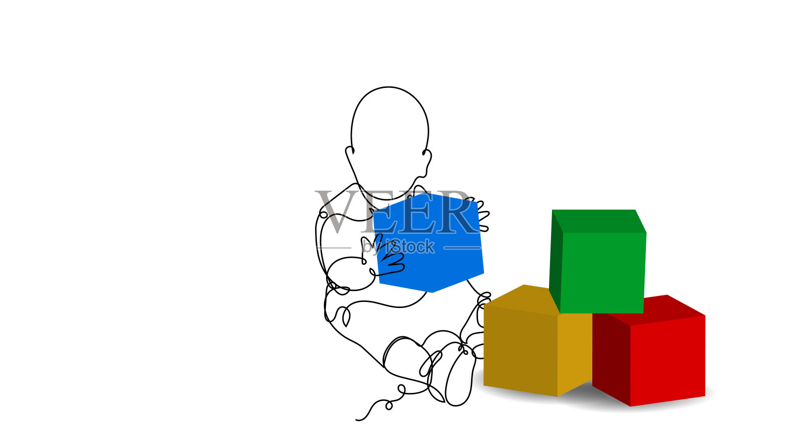 平面和3d风格矢量插图。连续的线条画。有趣的宝贝一线素描玩彩色方块玩具在白色的背景。概念贺卡，横幅，海报，传单插画图片素材