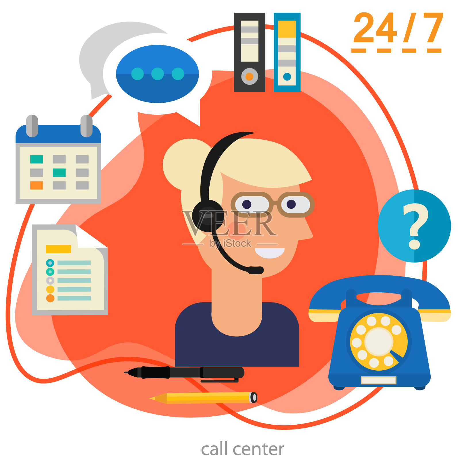 客户呼叫中心概念横幅。方形时尚矢量图插画图片素材