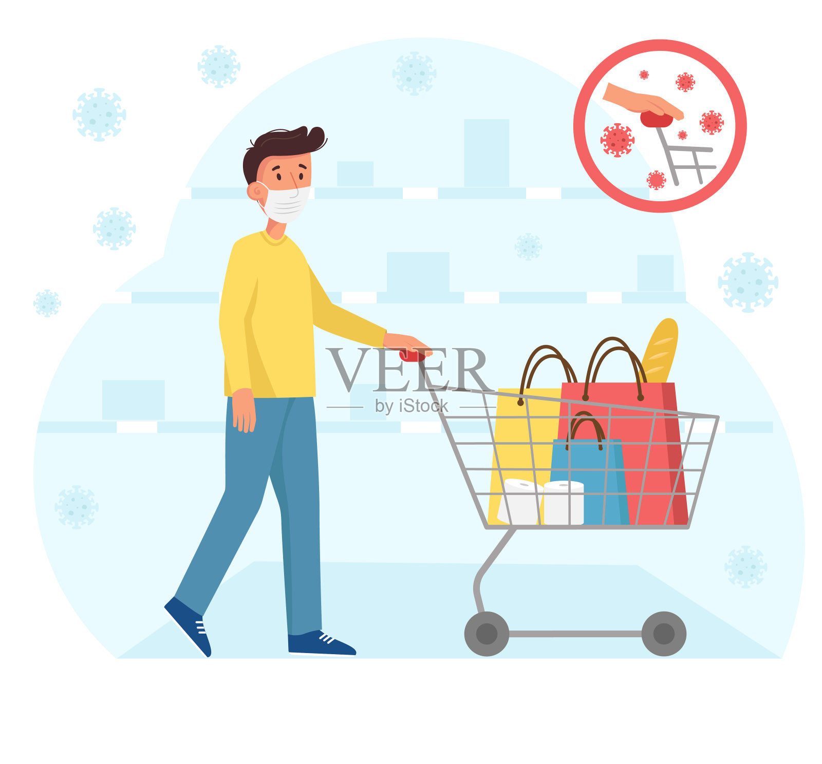 人的手拿着购物车。男子在冠状病毒大流行期间不戴手套购物。插画图片素材